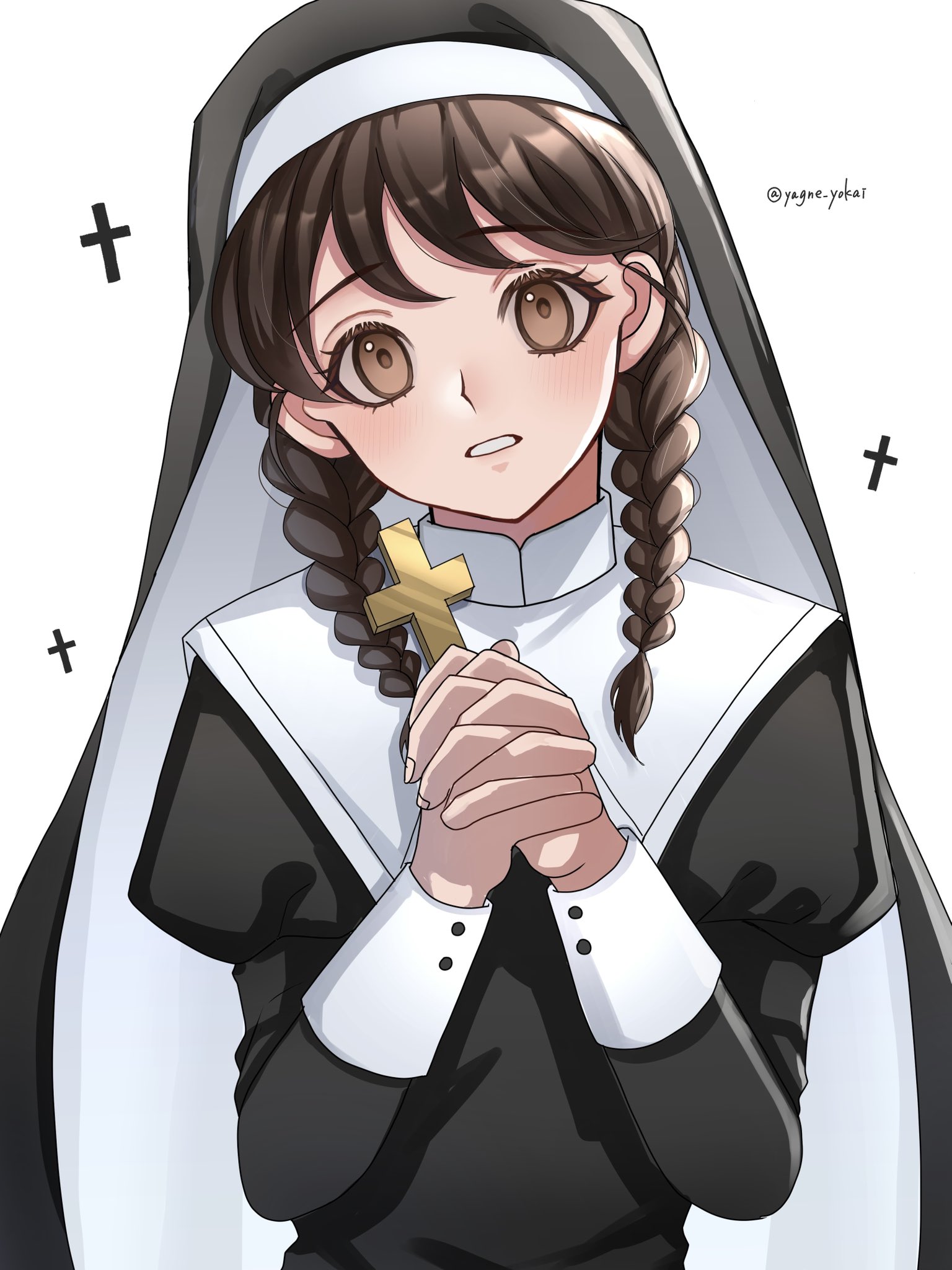 amano natsume, youkai watch, youkai watch shadowside, commentary request, highres, 1girl, alternate costume, artist name, black dress, braid, brown eyes, brown hair, cross, dress, holding, holding cross, looking at viewer, low twin braids, nun, simple background, solo, traditional nun, twin braids, upper body, white background, yagne yokai