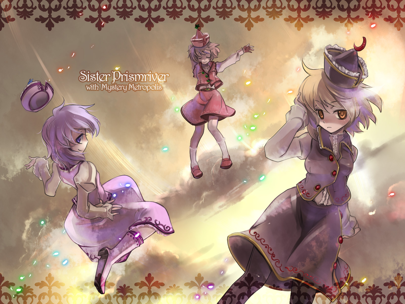 inuinui, lunasa prismriver, lyrica prismriver, merlin prismriver, touhou, light purple hair, highres, 3girls, adjusting hair, blonde hair, boots, brown hair, closed eyes, expressionless, female focus, flying, hat, looking back, multiple girls, orange eyes, pantyhose, purple eyes, short hair, siblings, sisters, smile, sunset, unworn hat, unworn headwear, wind