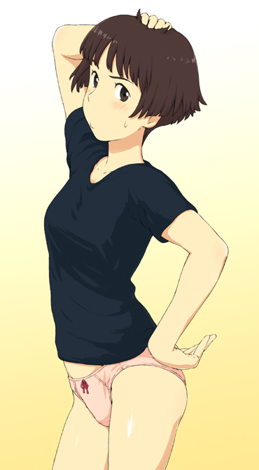 jas (littlecrime), lisa (ponyo), gake no ue no ponyo, studio ghibli, bad id, bad pixiv id, 00s, 1girl, :>, black shirt, blouse, blush, bob cut, brown hair, female focus, gradient background, mature female, no pants, panties, shirt, short hair, solo, underwear