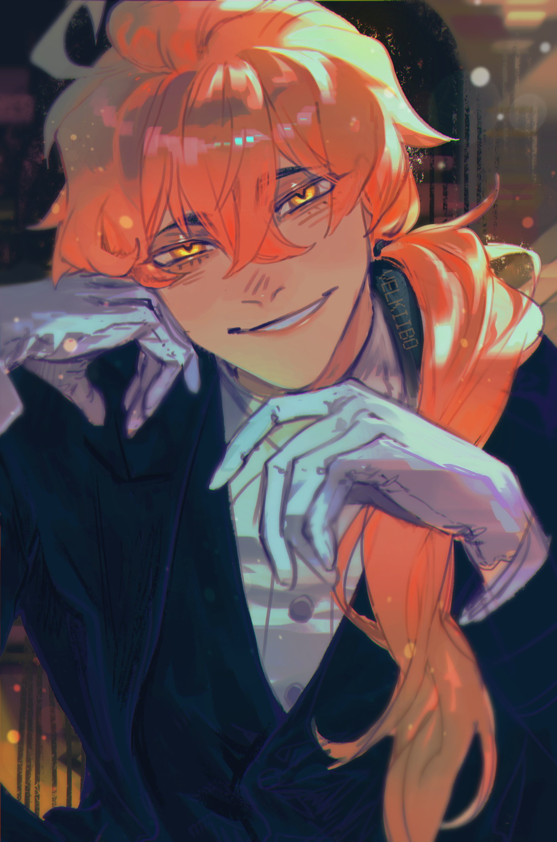 velkiibo, fate/grand order, fate (series), absurdres, commentary, english commentary, highres, 1boy, artist name, black jacket, black vest, blush, chaldea no mono, chaldea no mono (those from chaldea), collared shirt, crossed bangs, gloves, grin, hair between eyes, hair over shoulder, hand on own cheek, hand on own chin, hand on own face, hands up, jacket, lapels, long hair, long sleeves, looking at viewer, male focus, notched lapels, open clothes, open jacket, orange hair, ponytail, shirt, smile, solo, twitter username, upper body, vest, white gloves, white shirt, wing collar, yellow eyes