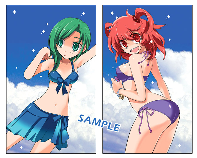 inuinui, onozuka komachi, shiki eiki, touhou, 2girls, bikini, day, female focus, green eyes, green hair, multiple girls, red eyes, red hair, sample watermark, short hair, swimsuit, twintails, two side up, watermark