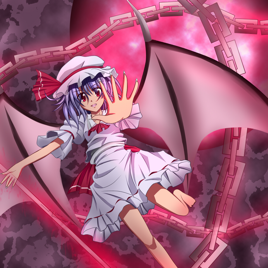 deta-mxproject, dhand, remilia scarlet, touhou, 1girl, bad anatomy, bad feet, barefoot, bat wings, blue hair, chain, feet, female focus, full moon, hat, moon, outstretched arm, outstretched hand, poorly drawn, reaching, red eyes, red moon, solo, wings