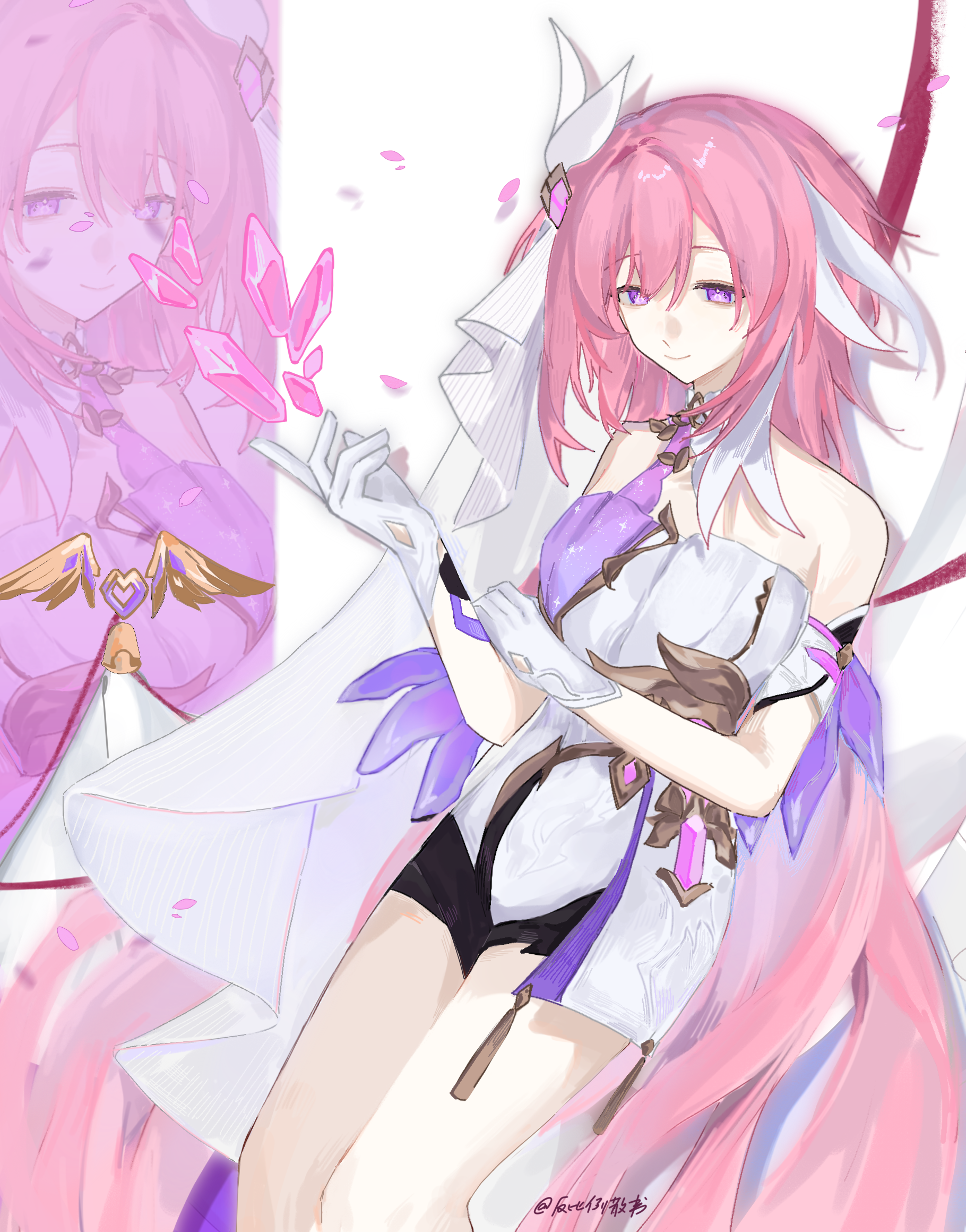 elysia (herrscher of human: ego) (honkai impact), elysia (honkai impact), honkai (series), honkai impact 3rd, chinese commentary, commentary request, highres, 1girl, bare shoulders, black shorts, breasts, bridal veil, corset, crystal shards, diamond-shaped pupils, diamond (shape), gloves, long hair, medium breasts, multicolored hair, pink hair, purple eyes, sanshu11970, short shorts, shorts, solo, symbol-shaped pupils, triquetra, two-tone hair, veil, very long hair, white background, white corset, white gloves, white hair, white veil
