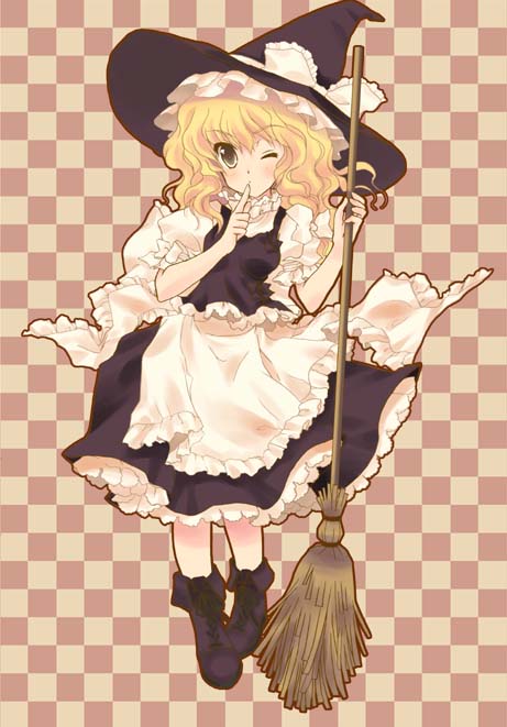 masuyama kei, kirisame marisa, touhou, bad id, bad pixiv id, 1girl, blonde hair, broom, female focus, hat, one eye closed, short hair, solo, wink, witch, witch hat, yellow eyes