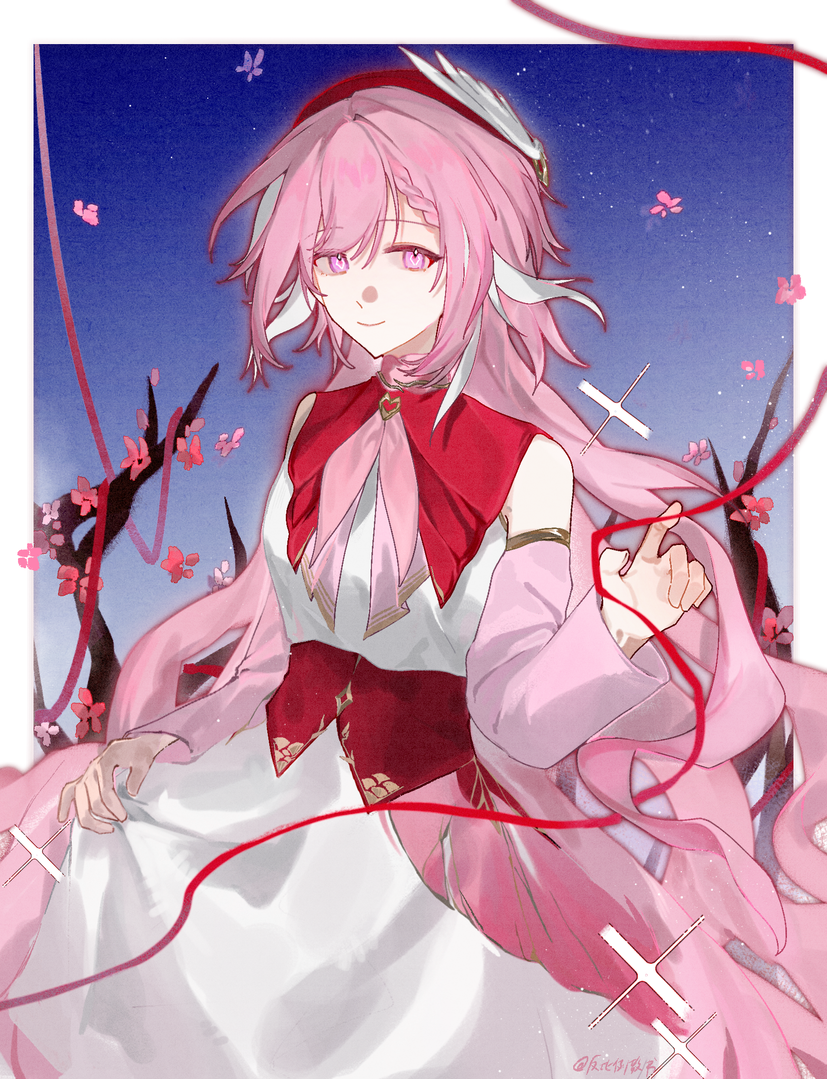 elysia (hi love elf) (honkai impact), elysia (honkai impact), honkai (series), honkai impact 3rd, chinese commentary, commentary request, highres, 1girl, alternate costume, beret, border, breasts, cherry blossoms, detached sleeves, diamond-shaped pupils, diamond (shape), dress, hat, long hair, medium breasts, multicolored hair, night, night sky, pink hair, purple eyes, sanshu11970, sky, smile, solo, symbol-shaped pupils, two-tone hair, very long hair, white border, white dress, white hair