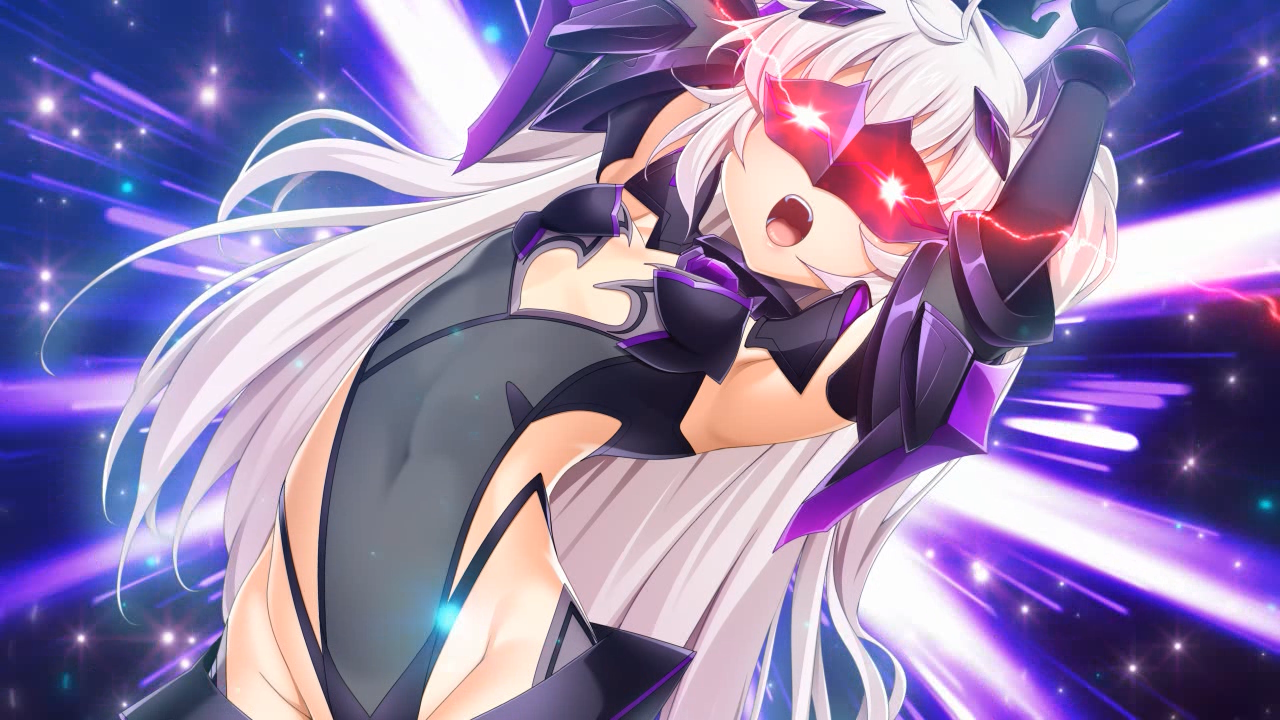 kamitsurugi ouka, sugahara touka, kouyoku senki exs-tia concert, game cg, large variant set, non-web source, official art, variant set, 1girl, ahoge, armor, armored leotard, armpits, arms up, avalatia luna, black gloves, black leotard, breasts, corruption, covered navel, dark persona, elbow gloves, gloves, glowing, grey leotard, groin, hair between eyes, headgear, highleg, highleg leotard, leotard, long hair, mask, open mouth, small breasts, solo, very long hair, white hair