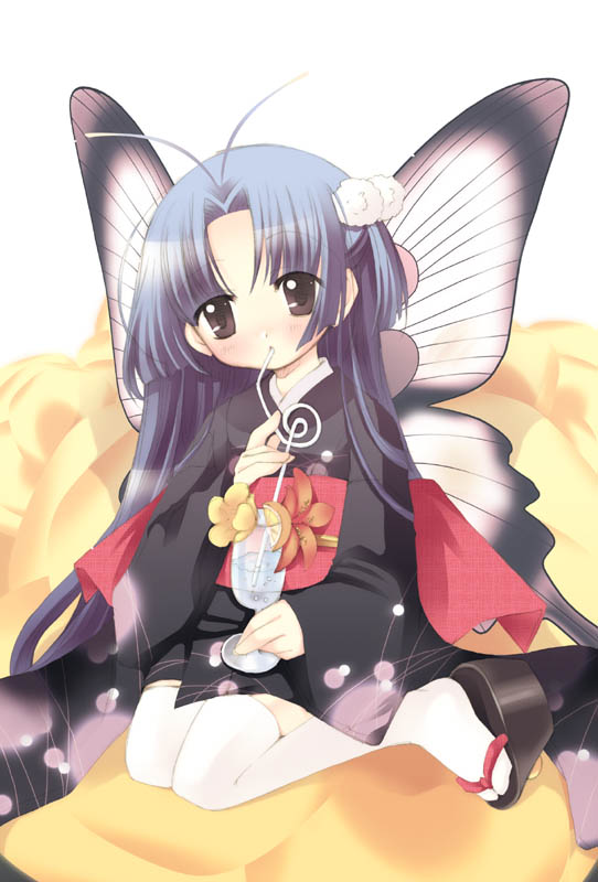 aogiri sei, original, 1girl, blue hair, butterfly wings, clog sandals, drinking straw, female focus, flower, insect wings, japanese clothes, kimono, long hair, okobo, on flower, platform sandals, sandals, solo, thighhighs, wings