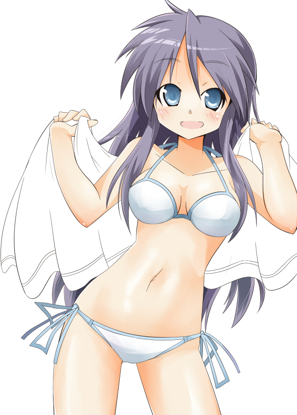 shing (sorairo factory), hiiragi miki, lucky star, 00s, 1girl, bikini, blue eyes, grey hair, long hair, mature female, open mouth, purple hair, simple background, swimsuit, towel