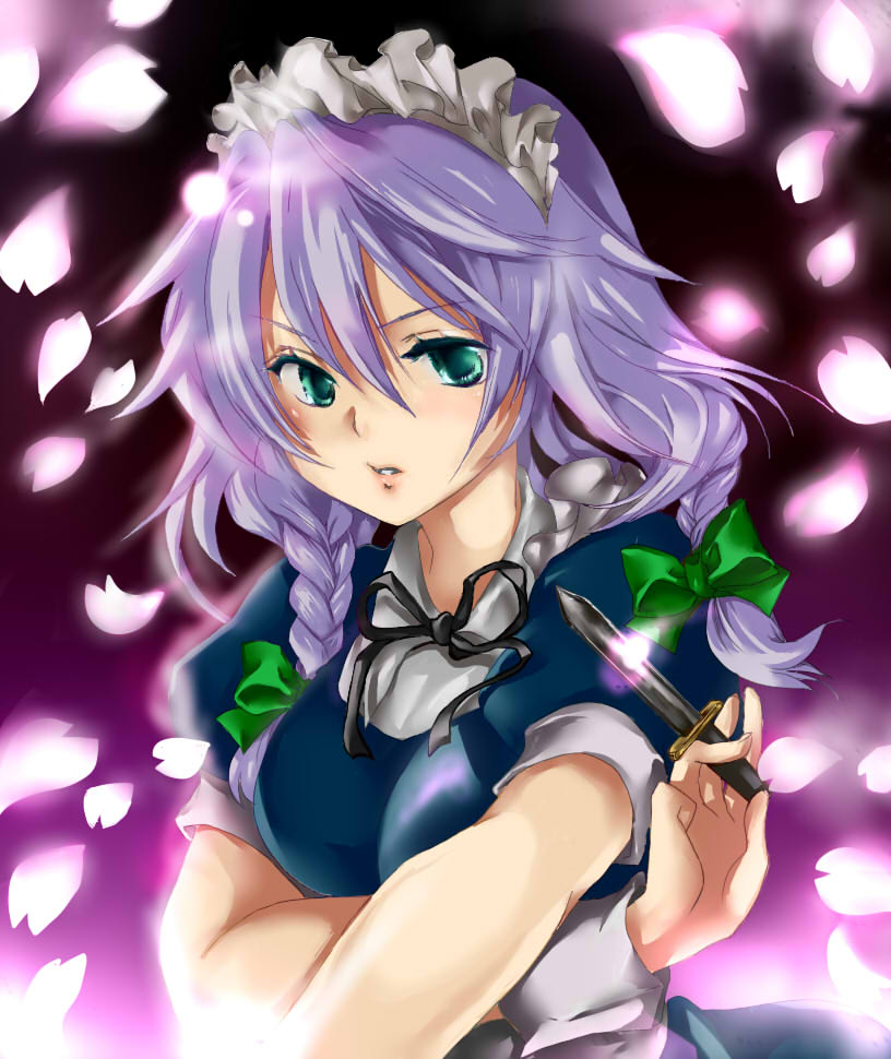 izayoi sakuya, mikazuki tenma, touhou, light purple hair, bad id, bad pixiv id, 1girl, braid, breasts, female focus, green eyes, knife, maid, petals, purple hair, ribbon, solo, twin braids