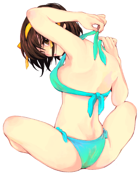 cika, suzumiya haruhi, suzumiya haruhi no yuuutsu, bad id, bad pixiv id, 00s, ass, bikini, brown eyes, brown hair, crossed legs, hairband, looking back, multicolored bikini, short hair, sitting, solo, swimsuit, transparent background, two-tone bikini, tying