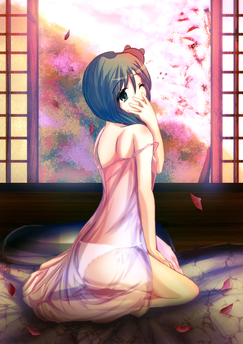 envada, kochiya sanae, touhou, 1girl, covering own mouth, female focus, green eyes, green hair, hand over mouth, hand over own mouth, kneeling, lingerie, looking back, matching hair/eyes, nightgown, one eye closed, panties, petals, see-through clothes, short hair, side-tie panties, sleepy, solo, strap slip, underwear, white panties, wink, yawning