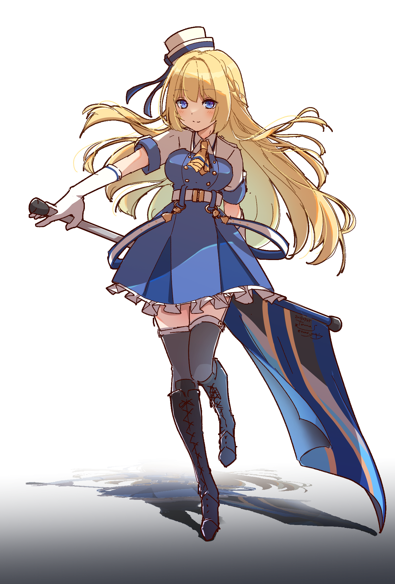 sakuraji tomoka, arch bishop (ragnarok online), ragnarok online, commentary request, highres, 1girl, ascot, black boots, blonde hair, blue dress, blue eyes, blush, boots, braid, breasts, closed mouth, dress, flag, full body, gloves, grey thighhighs, half up braid, hat, holding, holding flag, long hair, looking at viewer, medium breasts, pillbox hat, simple background, smile, solo, standing, thighhighs, two-tone dress, white background, white dress, white gloves, white hat, yellow ascot