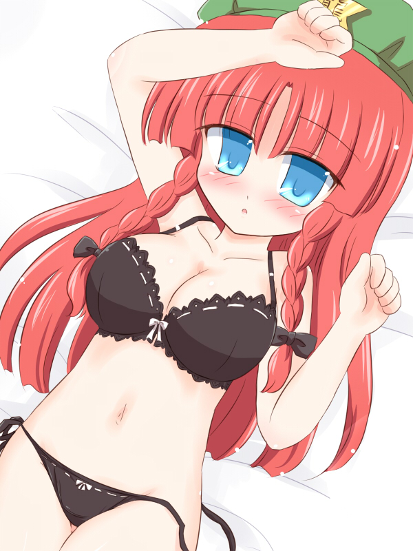 ry (yagoyago), hong meiling, embodiment of scarlet devil, touhou, untied, 1girl, bare shoulders, black bra, black panties, blue eyes, blush, bow, bra, braid, breasts, cleavage, female focus, hair bow, hat, lingerie, long hair, lying, navel, panties, red hair, side-tie panties, solo, twin braids, underwear, underwear only