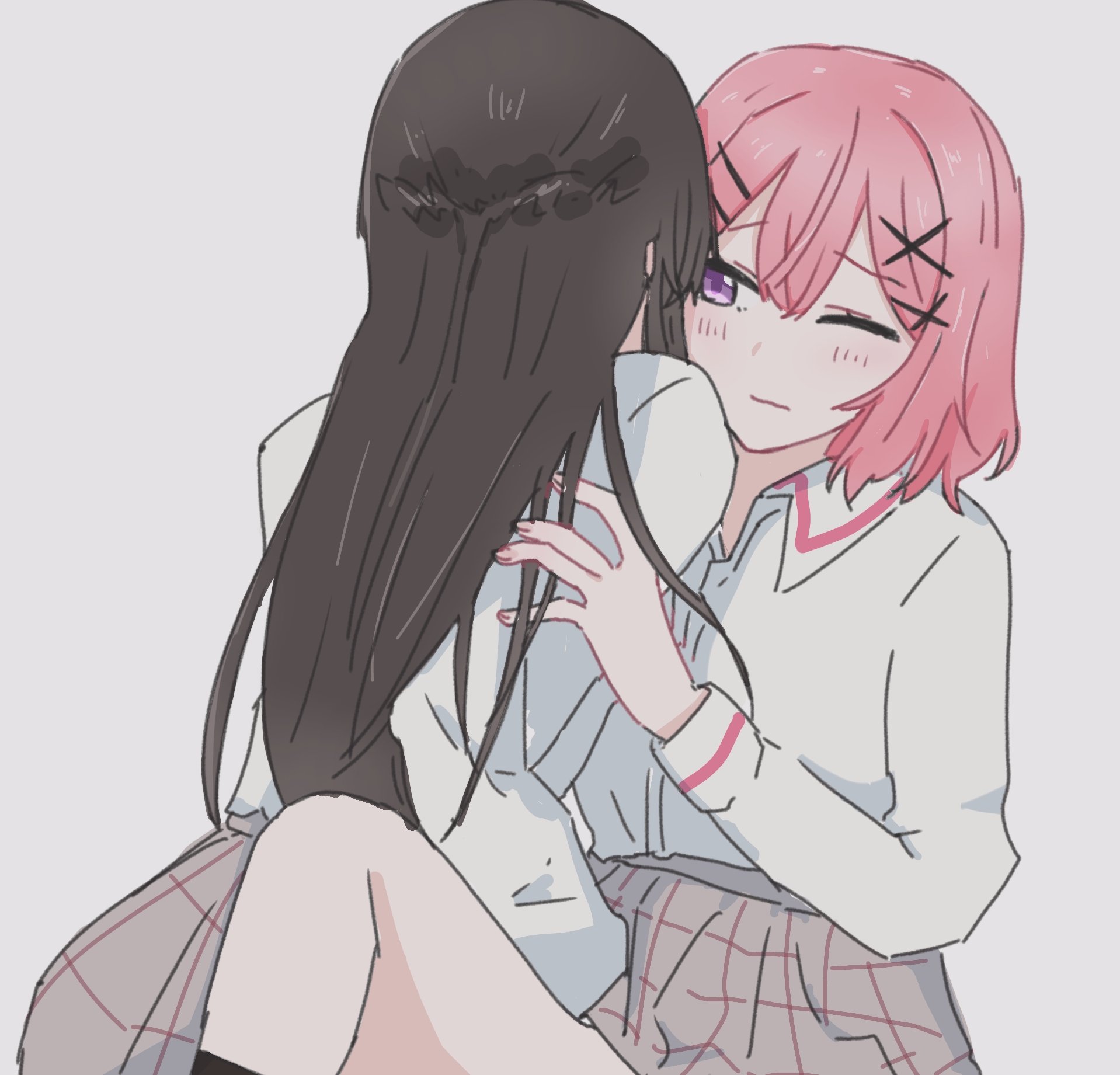 amaori renako, koto satsuki, watashi ga koibito ni nareru wake naijan murimuri!, commentary request, highres, 07kz, 2girls, black hair, blush, closed mouth, collared shirt, grey background, grey skirt, implied fingering, long hair, medium hair, multiple girls, one eye closed, pink hair, plaid clothes, plaid skirt, pleated skirt, purple eyes, shirt, simple background, skirt, white shirt, yuri