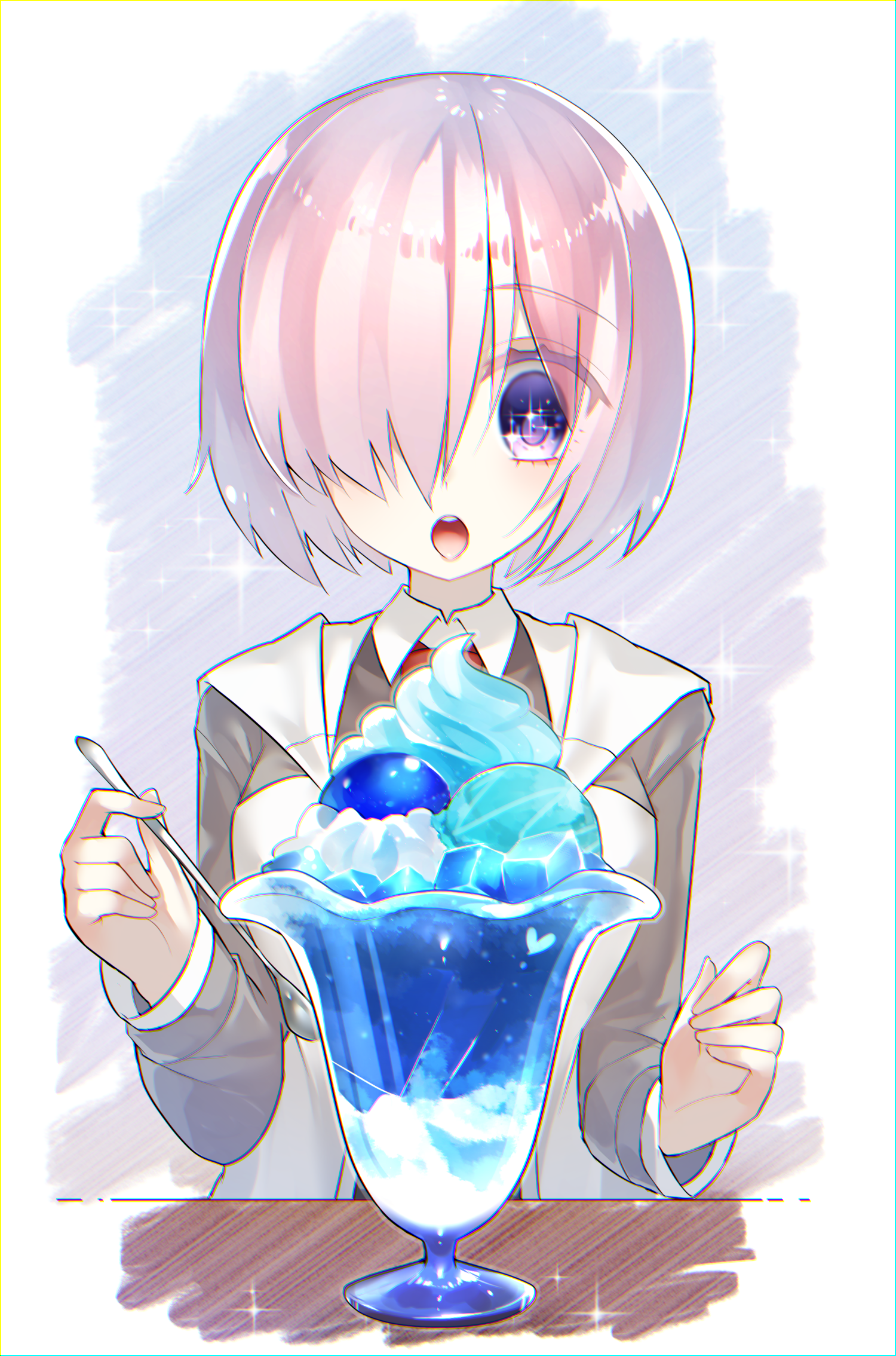 reirou (chokoonnpu), mash kyrielight, fate/grand order, fate (series), commentary request, highres, 1girl, eyelashes, food, grey jacket, hair over one eye, holding, holding spoon, ice cream spoon, jacket, long sleeves, necktie, open mouth, parfait, portrait, purple eyes, red necktie, short hair, solo, sparkle, spoon