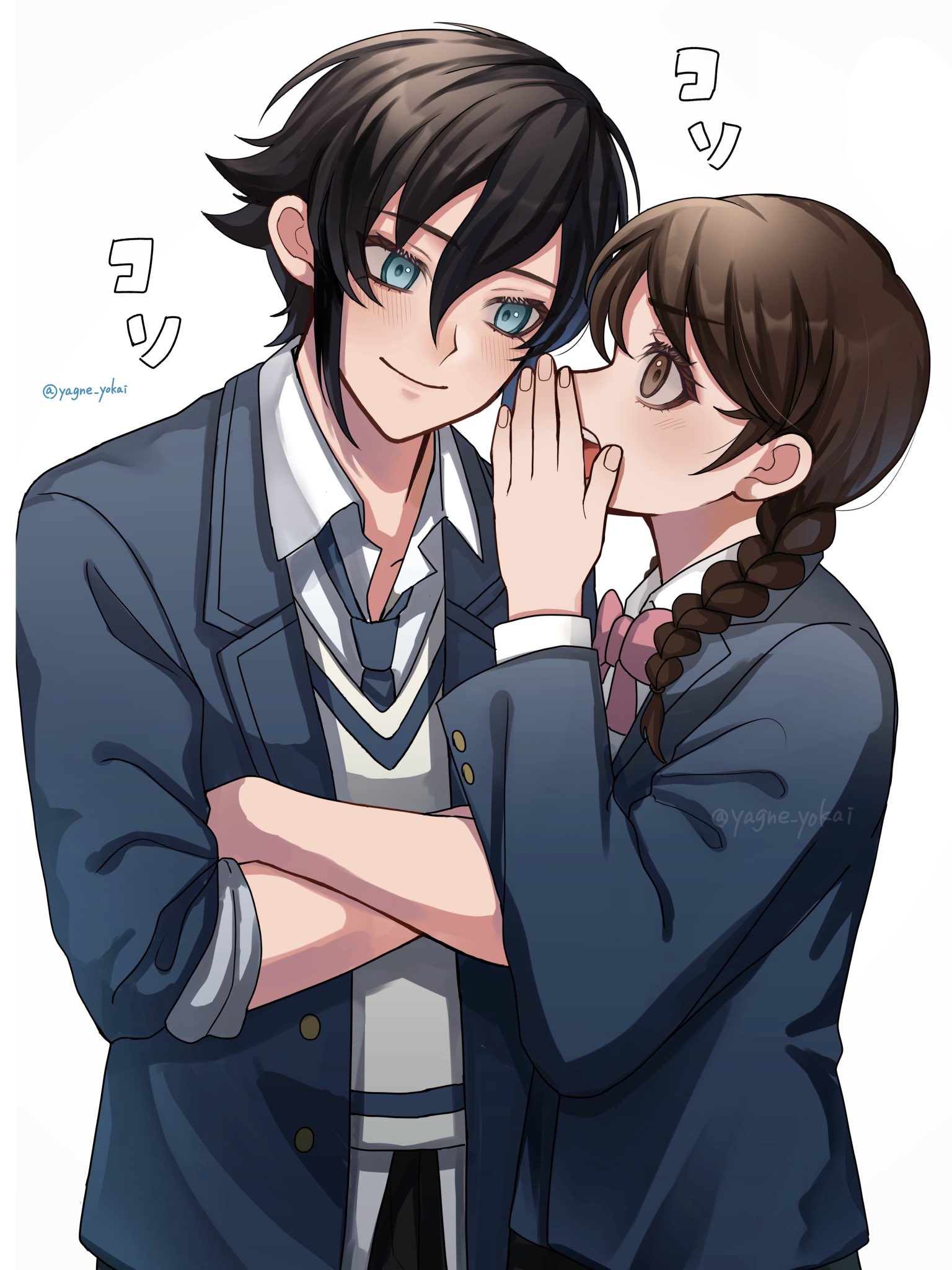 amano natsume, youkai watch, youkai watch shadowside, commentary request, highres, translation request, 1boy, 1girl, artist name, blue eyes, blue jacket, blue necktie, bow, bowtie, braid, brown eyes, brown hair, collared shirt, crossed arms, jacket, low twin braids, necktie, open clothes, open jacket, pink bow, pink bowtie, sakami haruya, sakura middle school uniform, school uniform, shirt, simple background, twin braids, upper body, vest, whispering, white background, white shirt, white vest, yagne yokai