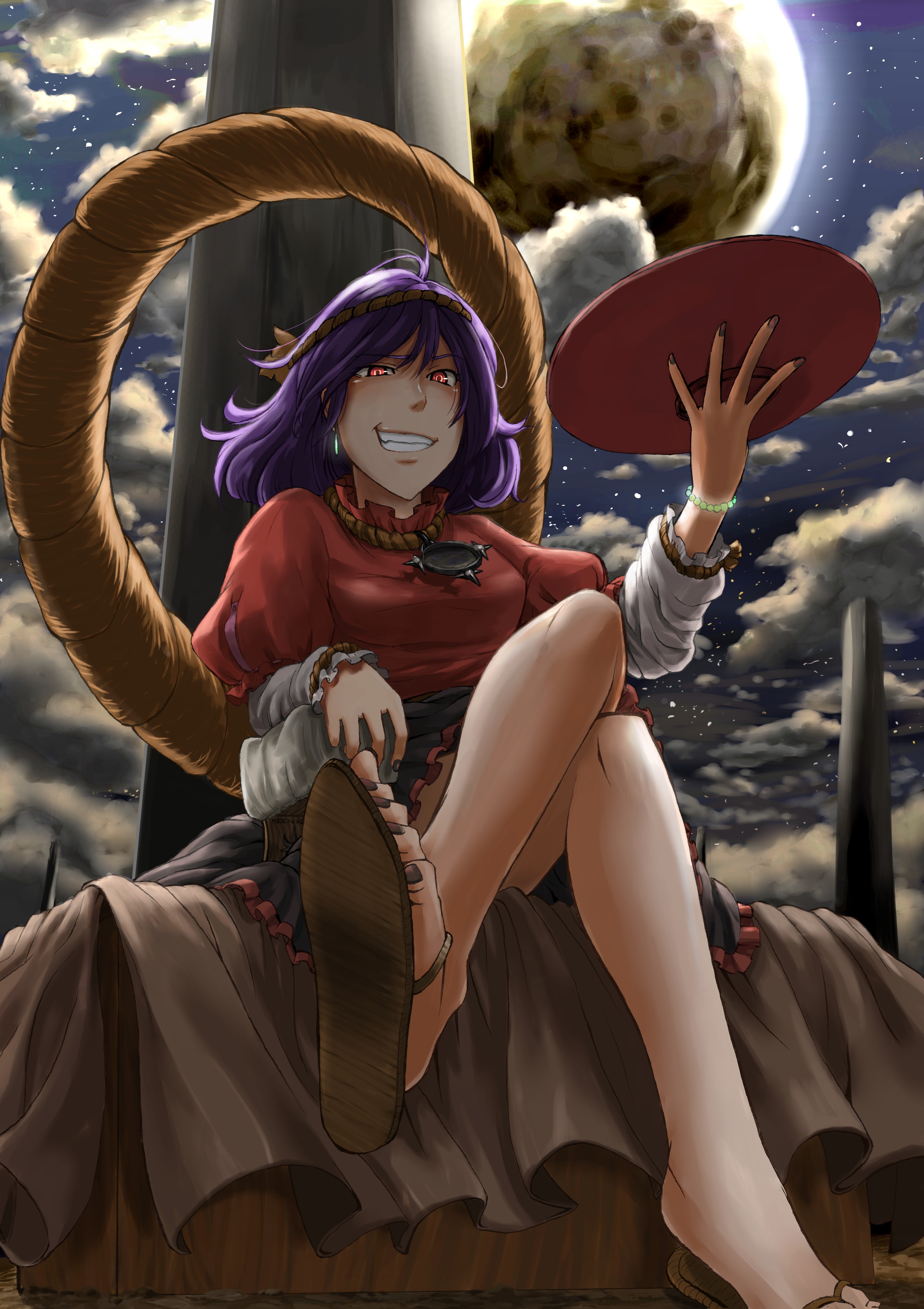 takami masahiro, yasaka kanako, touhou, absurdres, highres, 1girl, breasts, feet, female focus, nail polish, purple hair, red eyes, sandals, short hair, solo, toenail polish, toenails
