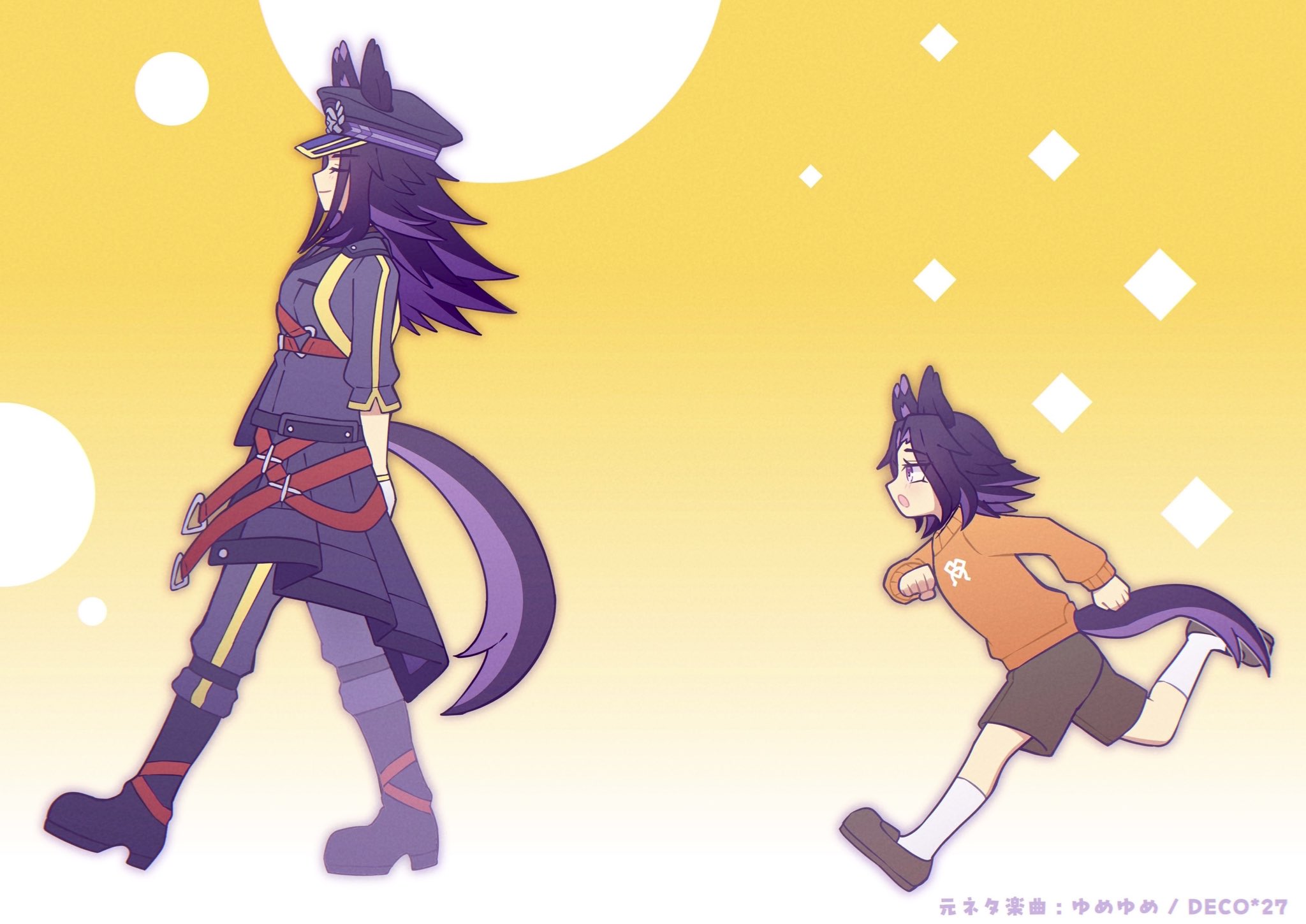 w3n6e, fenomeno (black flames of the righteous spirit) (umamusume), fenomeno (umamusume), umamusume, yumeyume (vocaloid), highres, 2girls, age progression, animal ears, black boots, black coat, black hair, black jacket, black pants, boots, brown shorts, closed eyes, closed mouth, coat, ears through headwear, flipped hair, from side, gloves, hat, horse ears, horse girl, horse tail, horseshoe hat ornament, horseshoe ornament, jacket, long hair, long sleeves, looking at another, multicolored hair, multiple girls, open mouth, orange sweater, pants, peaked cap, purple eyes, purple hair, running, shirt, shoes, shorts, smile, socks, sweater, tail, walking, white gloves, white socks