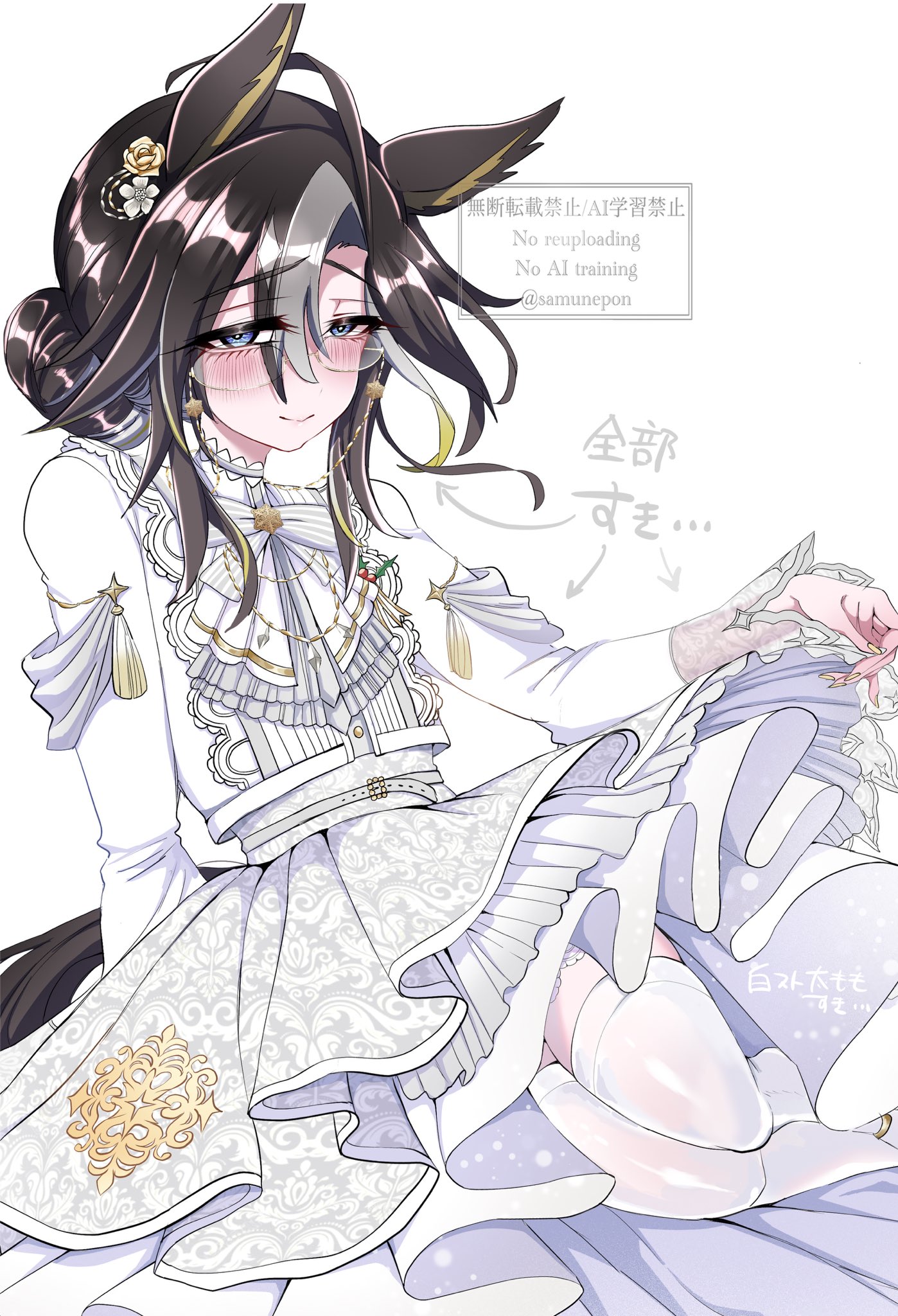 suya (jzup2735), dream journey (snow-white dreamland) (umamusume), dream journey (umamusume), umamusume, commentary request, highres, 1girl, ahoge, animal ears, black hair, blue eyes, blush, bow, brown hair, closed mouth, dress, eyewear strap, glasses, hair between eyes, hair bun, hair ornament, horse ears, horse girl, horse tail, long hair, long sleeves, looking at viewer, multicolored hair, official alternate costume, simple background, smile, solo, tail, thighhighs, white bow, white dress, white hair, white thighhighs