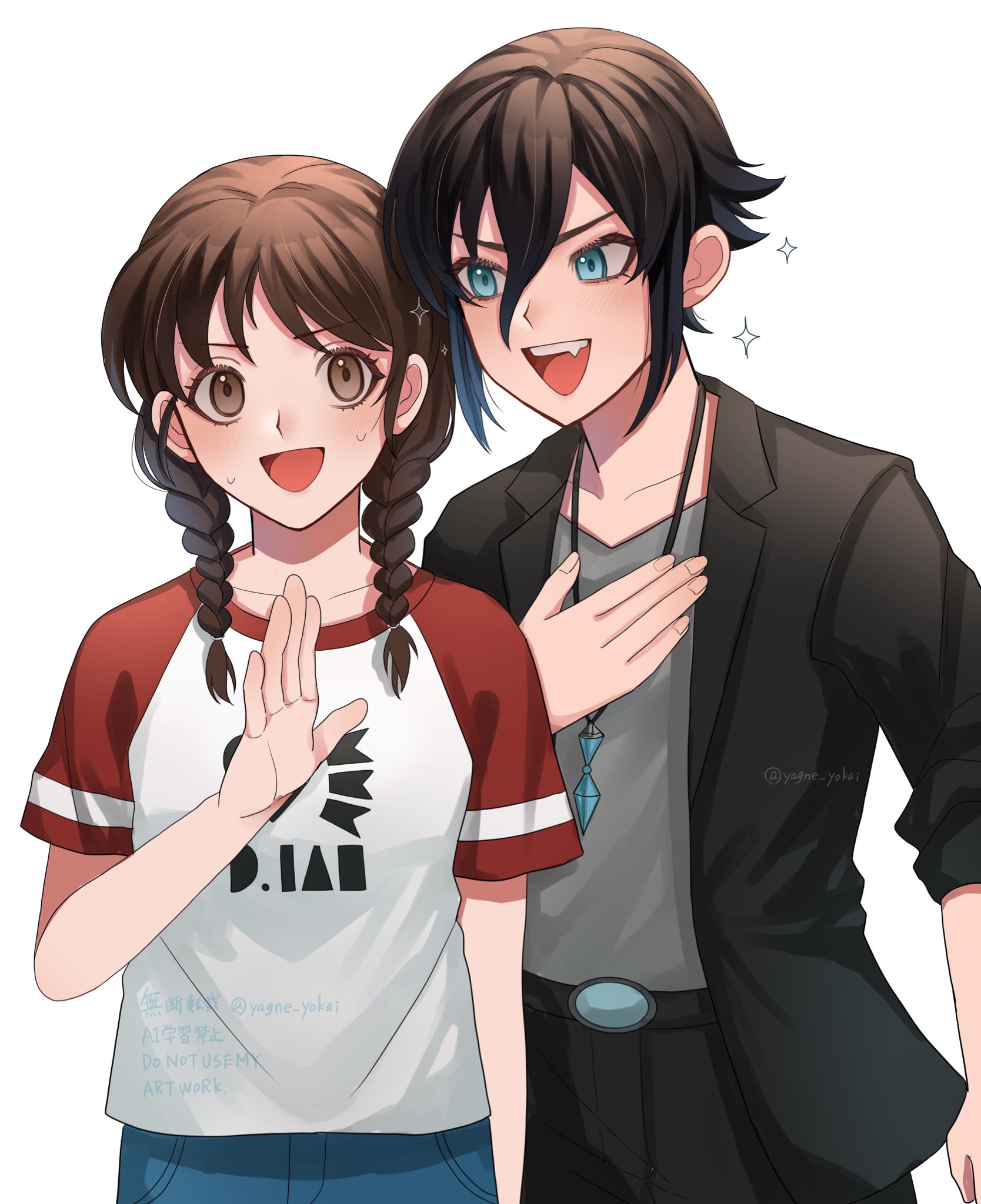 amano natsume, youkai watch, youkai watch shadowside, commentary request, highres, 1boy, 1girl, black jacket, black pants, blue eyes, braid, brown eyes, brown hair, english text, grey shirt, jacket, jewelry, low twin braids, necklace, open clothes, open jacket, open mouth, pants, raglan sleeves, red sleeves, sakami haruya, shirt, short hair, simple background, teeth, twin braids, upper teeth only, watermark, white background, white shirt, yagne yokai