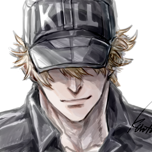kuroto0101, killer t (hataraku saibou), hataraku saibou, commentary request, lowres, 1boy, baseball cap, blonde hair, closed mouth, collared shirt, facing viewer, hat, hat over eyes, hat writing, male focus, portrait, shirt, short hair, signature, simple background, solo, upper body, white background