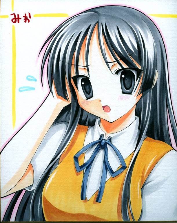 mizuki chika, akiyama mio, k-on!, bad id, bad pixiv id, traditional media, 00s, 1girl, black eyes, black hair, female focus, long hair, school uniform, solo