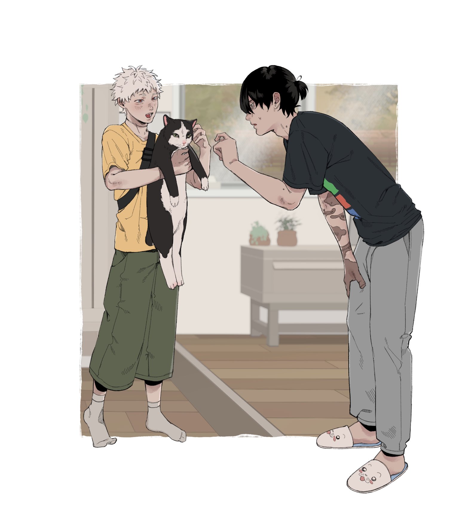 indou hikaru, tsujinaka yoshiki, hikaru ga shinda natsu, commentary request, highres, 2boys, animal, black hair, black shirt, blush, capri pants, cat, full body, green pants, grey pants, holding, holding animal, holding cat, k1tr jun, leaning forward, male focus, multiple boys, no shoes, pants, ponytail, red pupils, scar, scar on arm, scar on hand, scar on neck, shirt, short eyebrows, short hair, short ponytail, slippers, socks, standing, sweatpants, white hair, white socks, yaoi, yellow shirt
