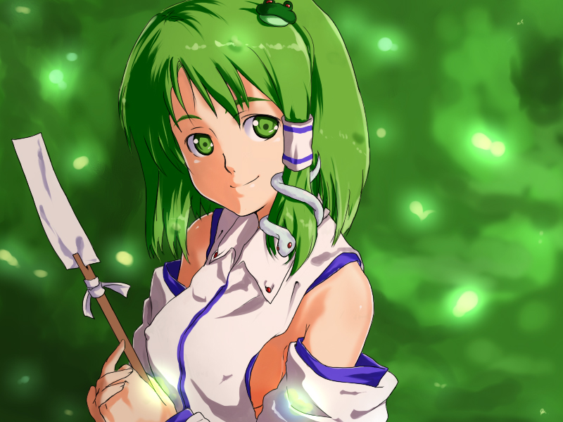 tenpura (tenpura621), kochiya sanae, touhou, bad id, bad pixiv id, 1girl, breasts, covered erect nipples, detached sleeves, female focus, gohei, green eyes, green hair, large breasts, matching hair/eyes, oonusa, sideboob, smile, solo