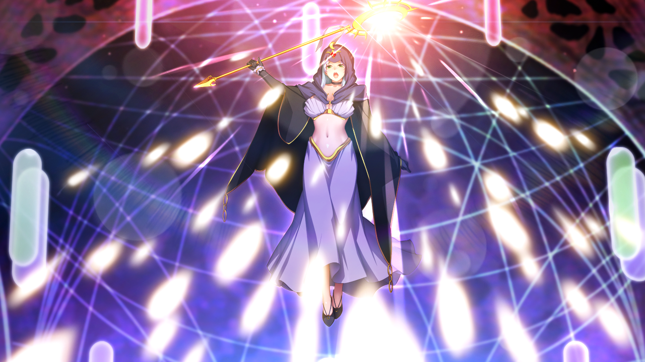 nanao (mahaya), ochite iku seisenshi lunatic angels, game cg, large variant set, non-web source, official art, variant set, 1girl, breasts, cape, cloak, danmaku, dress, full body, gloves, glowing, holding, holding staff, hood, large breasts, long hair, lunaris (lunaric angels), magic, magic circle, midriff, navel, open mouth, purple hair, red eyes, smile, solo, staff, underboob