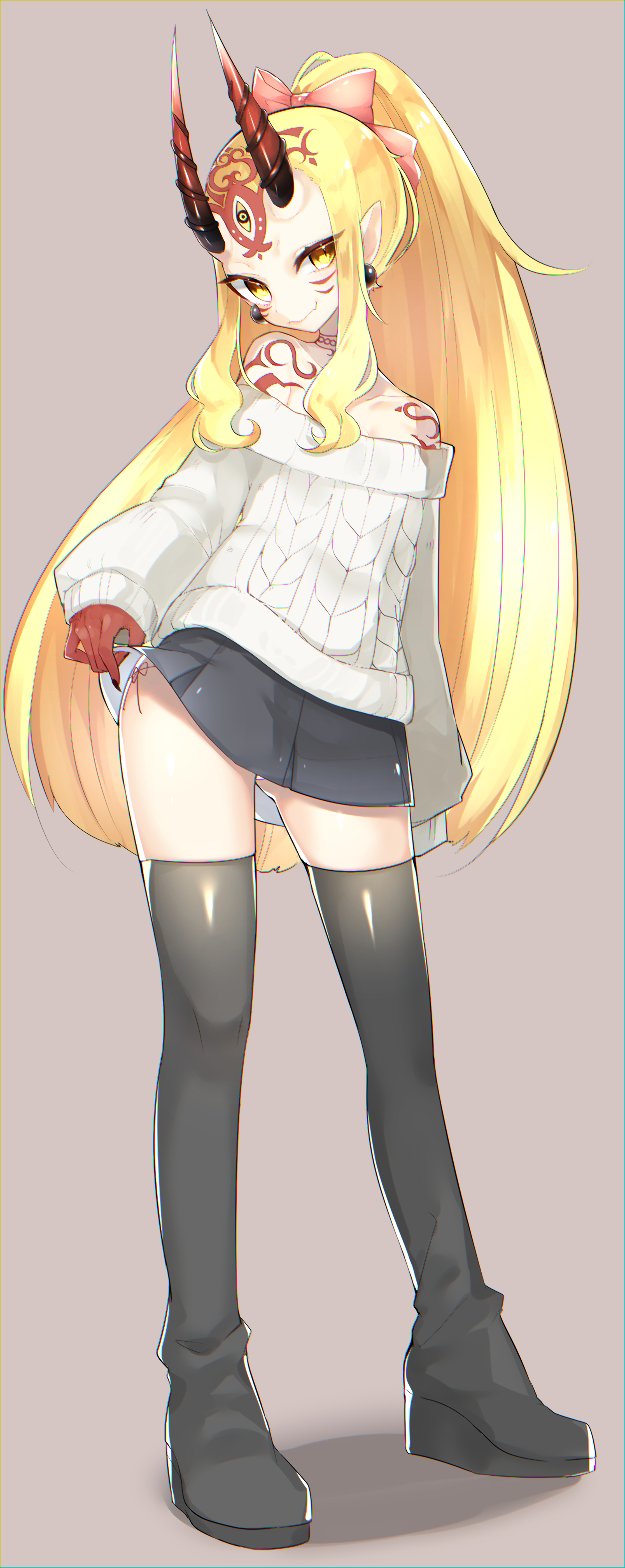 reirou (chokoonnpu), ibaraki douji (fate), fate/grand order, fate (series), absurdres, commentary request, highres, 1girl, alternate costume, alternate hairstyle, black boots, blonde hair, boots, facial mark, fang, full body, grey sweater, long hair, looking at viewer, microskirt, off shoulder, panties, pointy ears, ponytail, shoulder tattoo, sidelocks, skirt, smile, solo, standing, sweater, tattoo, thigh boots, third eye, underwear, very long hair, white panties, yellow eyes