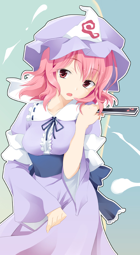 ogami kazuki, saigyouji yuyuko, touhou, 1girl, female focus, folded fan, folding fan, hand fan, hat, pink hair, red eyes, short hair, solo