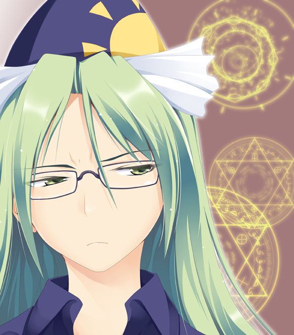 ogami kazuki, mima (touhou), touhou, touhou (pc-98), bad id, bad pixiv id, 1girl, bespectacled, female focus, glasses, green eyes, green hair, hat, long hair, matching hair/eyes, solo, wizard hat