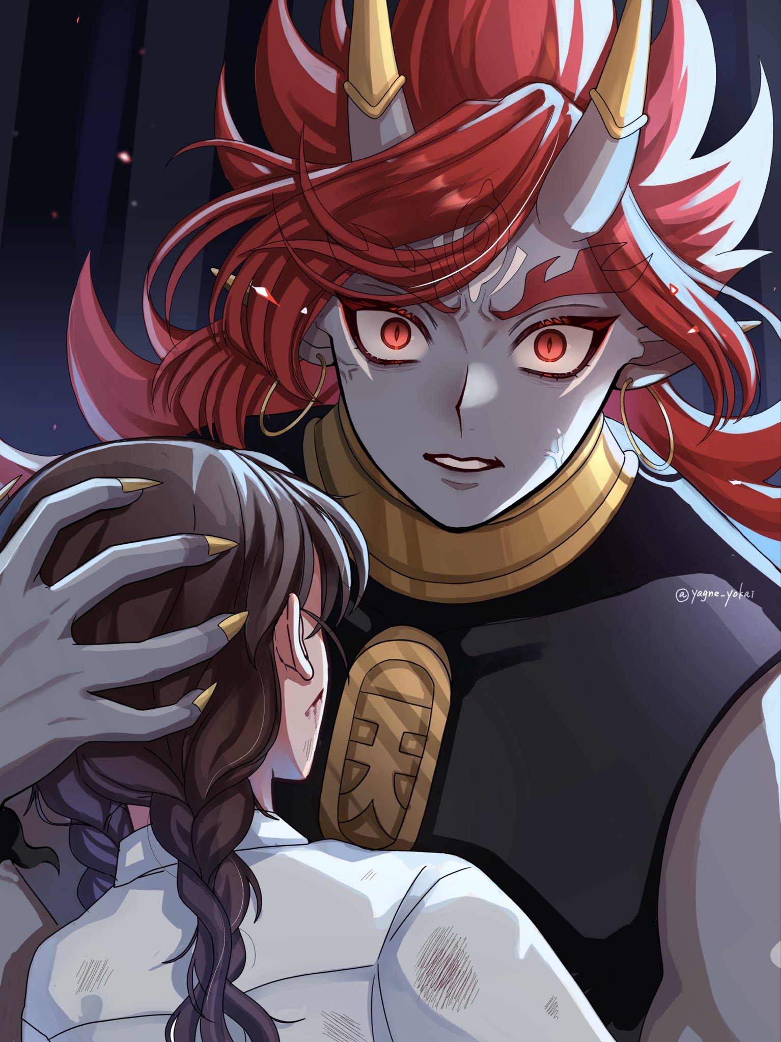 amano natsume, youkai watch, youkai watch shadowside, commentary request, highres, 1boy, 1girl, artist name, black shirt, braid, colored skin, earrings, grey skin, hoop earrings, horns, hug, jewelry, looking at viewer, pointy ears, red eyes, red hair, shirt, shutendouji (shadowside), skin-covered horns, sleeveless, sleeveless shirt, twin braids, upper body, white shirt, yagne yokai, yellow nails