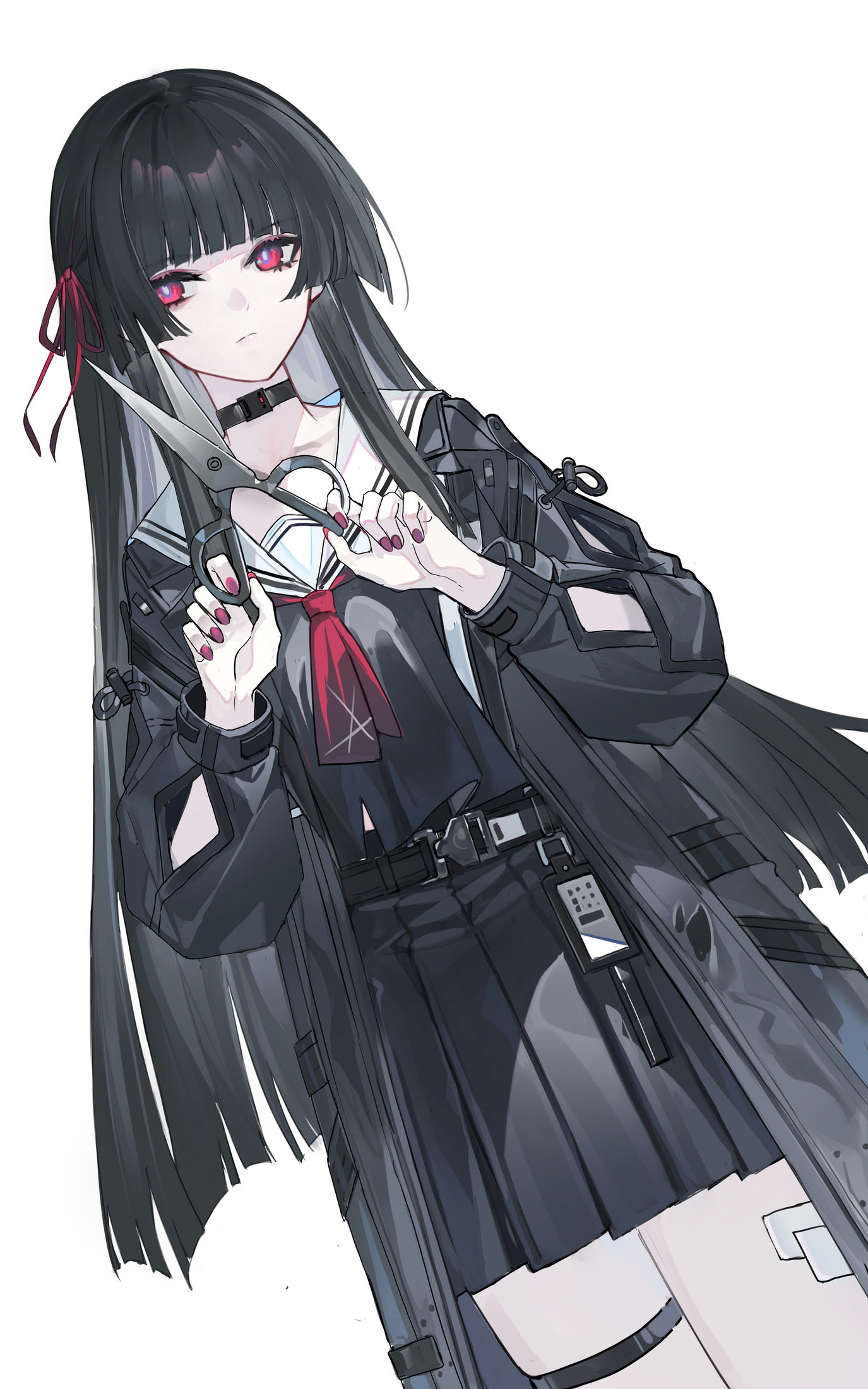 echj, chisa (wuthering waves), wuthering waves, commentary request, highres, revision, 1girl, arm cutout, black choker, black hair, black jacket, black serafuku, black shirt, black skirt, breasts, choker, closed mouth, clothing cutout, hair ribbon, holding, holding scissors, id card, jacket, long hair, looking at viewer, medium breasts, nail polish, neckerchief, red eyes, red nails, red neckerchief, red ribbon, ribbon, sailor collar, school uniform, scissors, serafuku, shirt, simple background, skirt, solo, thigh strap, thighs, very long hair, white background, white sailor collar