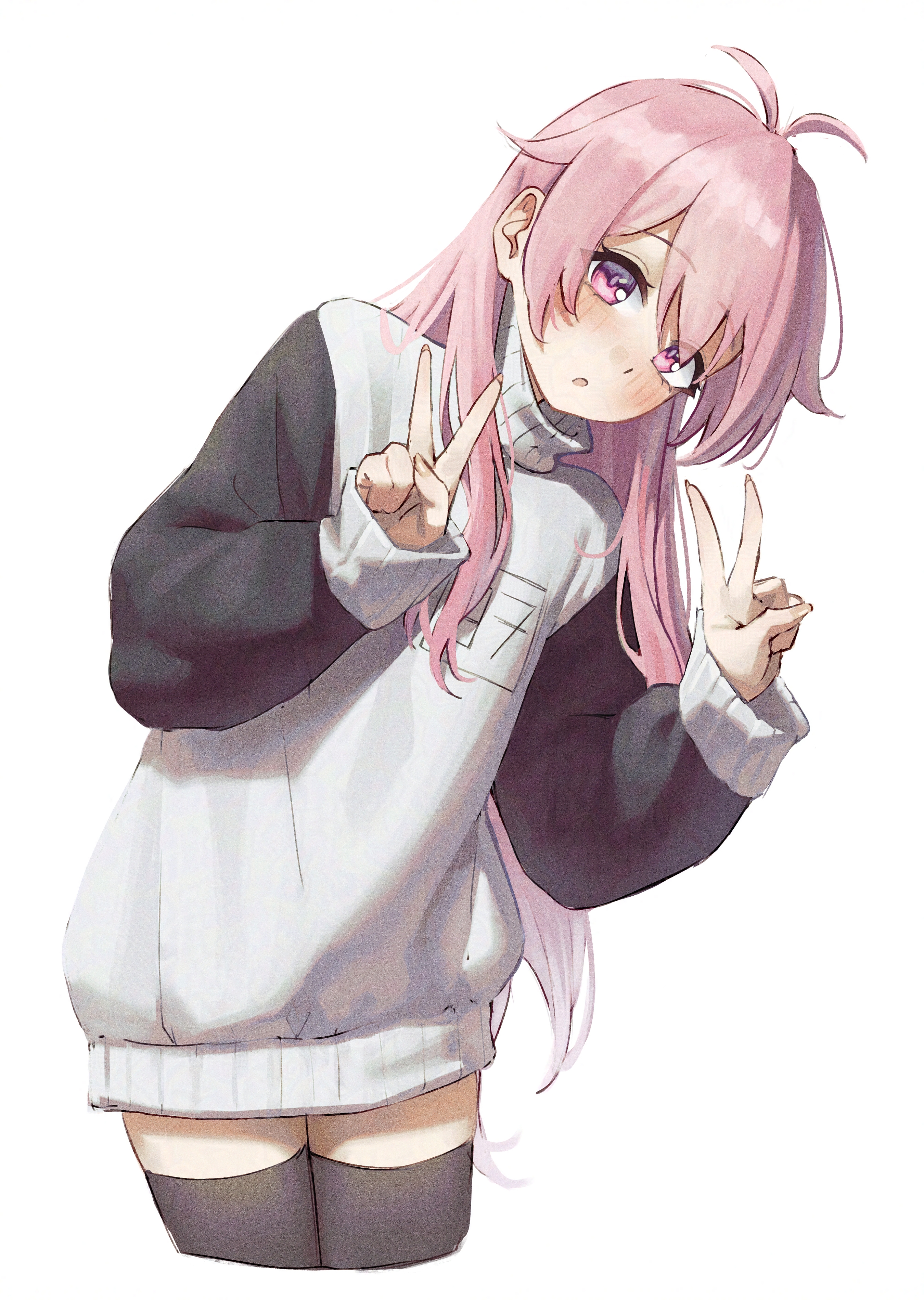 samukzz, mumble (shachimu), original, absurdres, commentary, highres, symbol-only commentary, 1girl, antenna hair, black sleeves, black thighhighs, cropped legs, double v, long hair, long sleeves, looking at viewer, open mouth, oversized sweater, pink eyes, pink hair, simple background, solo, sweater, thighhighs, turtleneck, turtleneck sweater, two-tone sweater, v, white background, white sweater