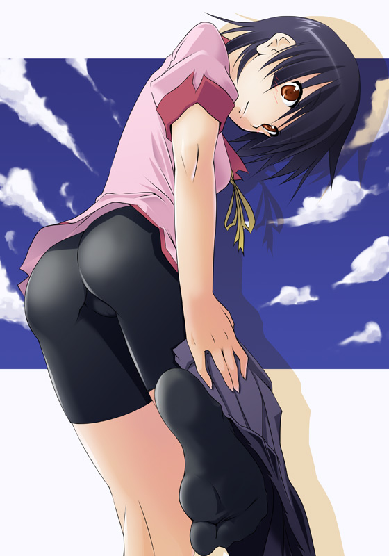 kuronyan, kanbaru suruga, bakemonogatari, monogatari (series), 00s, 1girl, ass, bike shorts, feet, female focus, red eyes, school uniform, short hair, socks, soles, solo, undressing