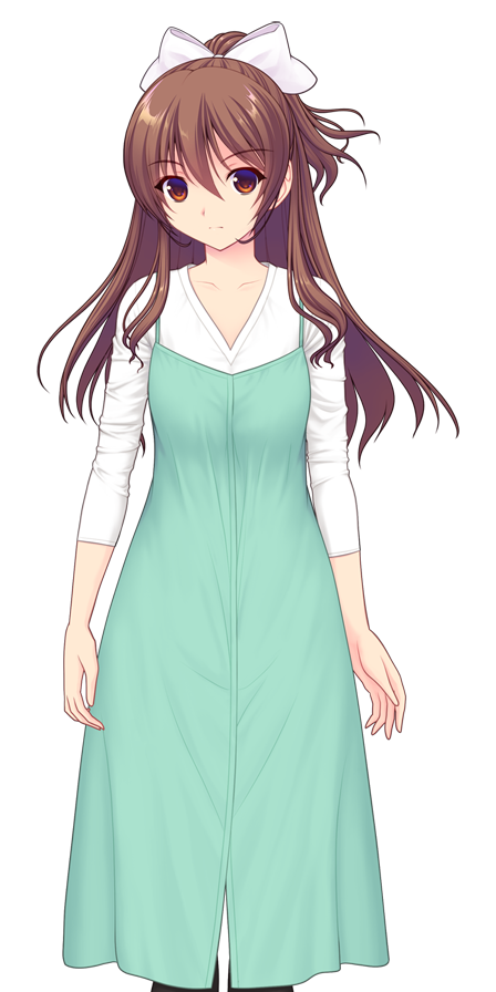 saitou natsuki, suhamaya, tomoe rena, kourin tenshi en ciel rena, game cg, large variant set, non-web source, official art, variant set, 1girl, black pantyhose, bow, brown eyes, brown hair, casual, collarbone, dress, expressionless, full body, green dress, hair between eyes, hair bow, long hair, long sleeves, looking at viewer, pantyhose, ponytail, shirt, sleeveless, sleeveless dress, solo, standing, tachi-e, transparent background, white bow, white shirt