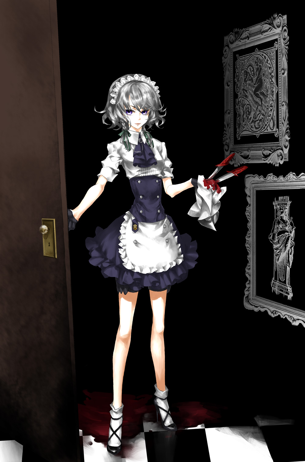 ginko (sekainoowari), izayoi sakuya, touhou, silver hair, highres, 1girl, blood, braid, female focus, full body, high heels, indoors, knife, maid, purple eyes, shoes, short hair, solo, twin braids