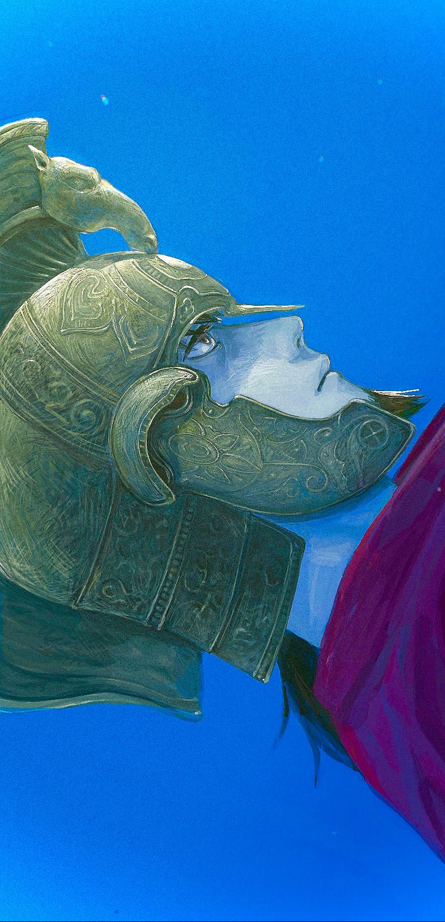 azi pra, hector (fate), fate/grand order, fate (series), commentary request, highres, blue background, blue sky, brown eyes, brown hair, closed mouth, expressionless, facial hair, goatee, helmet, looking ahead, male focus, outdoors, sideways, simple background, sky, solo