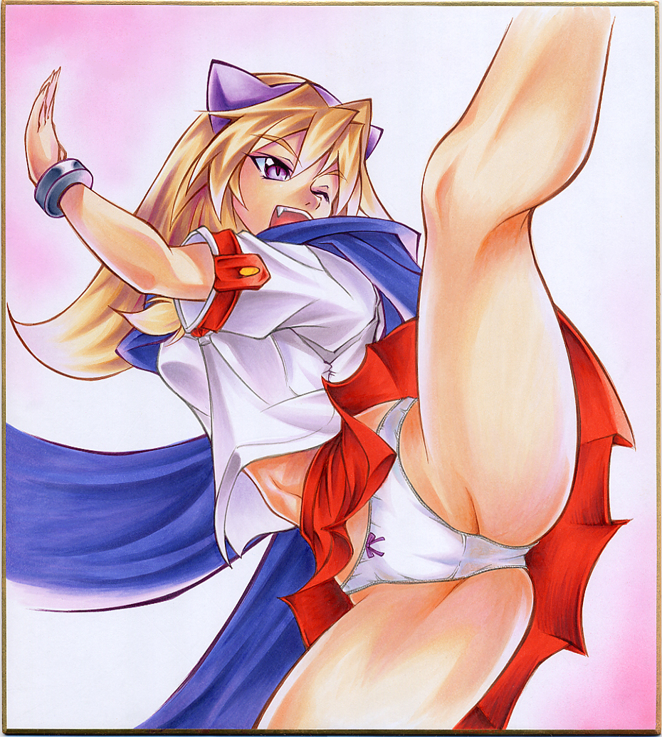 calnarsa, inuwaka akane, aq interactive, arcana heart, arcana heart 2, atlus, examu, 1girl, animal ears, bow, bow panties, bracelet, brown hair, cat ears, fang, female focus, fighting stance, hairband, high kick, jewelry, kicking, legs, long hair, midriff, one eye closed, open mouth, panties, pantyshot, purple eyes, scarf, shikishi, skirt, solo, spread legs, underwear, white panties, wink
