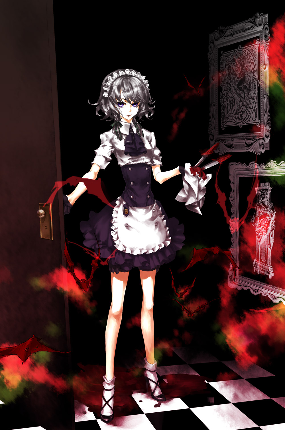 ginko (sekainoowari), izayoi sakuya, touhou, silver hair, highres, 1girl, blood, braid, female focus, full body, high heels, indoors, knife, maid, purple eyes, shoes, short hair, solo, twin braids