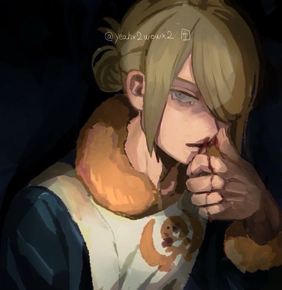 sara (yeahx2wowx2), volo (pokemon), nintendo, pokemon, pokemon legends: arceus, commentary request, 1boy, arm up, black background, blonde hair, blood, blood on clothes, blood on hands, blue eyes, fur-trimmed collar, fur-trimmed sleeves, fur trim, ginkgo guild uniform, hair bun, hair over one eye, hair up, injury, long sleeves, looking at viewer, male focus, nosebleed, one eye covered, parted bangs, solo, tears, twitter username, upper body