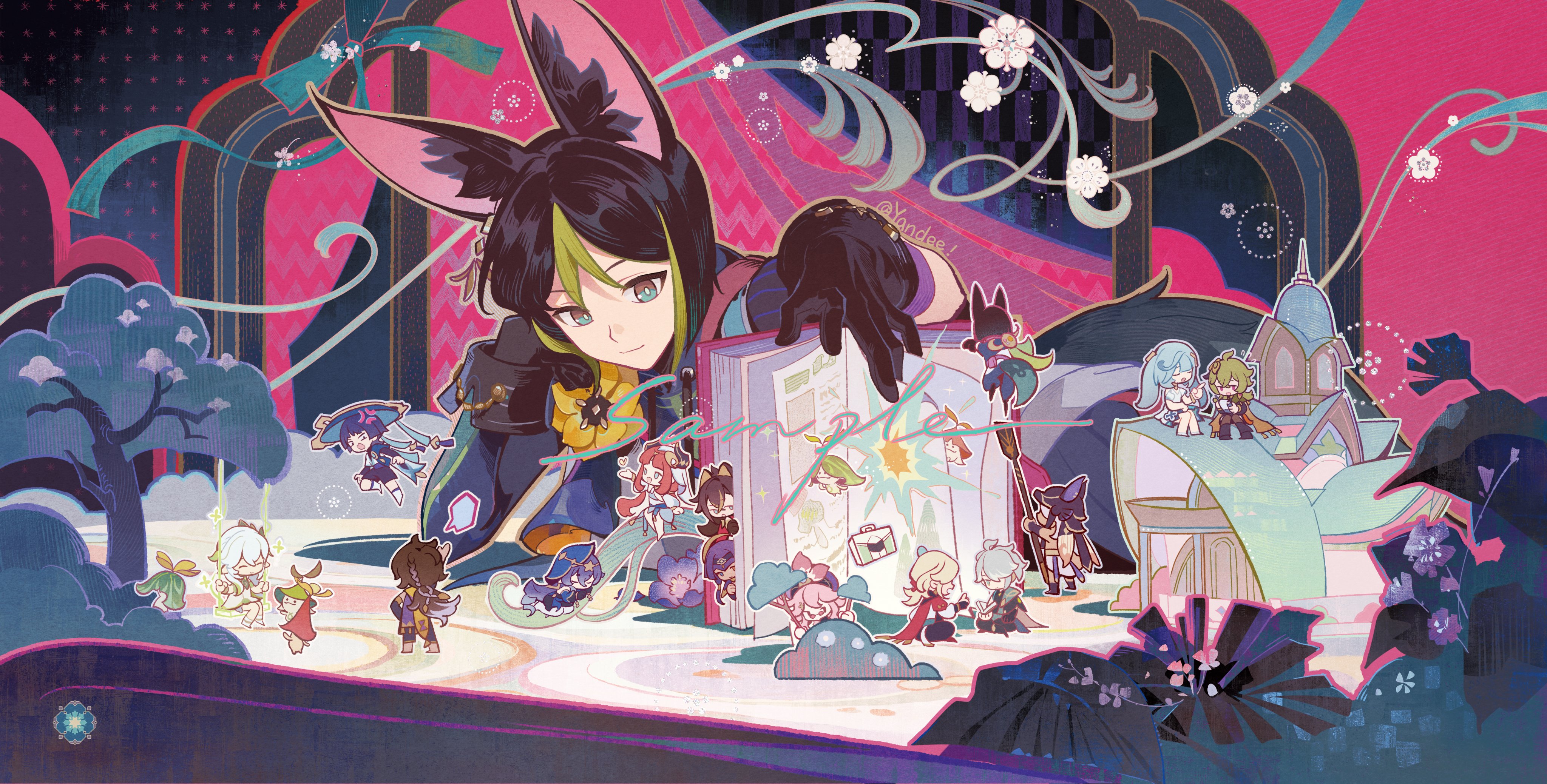 yandee233, alhaitham (genshin impact), aranara (genshin impact), candace (genshin impact), collei (genshin impact), cyno (genshin impact), dehya (genshin impact), dori (genshin impact), faruzan (genshin impact), kaveh (genshin impact), layla (genshin impact), nahida (genshin impact), nilou (genshin impact), scaramouche (genshin impact), sethos (genshin impact), tighnari (genshin impact), wanderer (genshin impact), genshin impact, absurdres, commentary request, highres, 6+boys, 6+girls, animal ears, black gloves, black hair, book, chibi, closed eyes, closed mouth, earrings, fox ears, gloves, green eyes, green hair, hair between eyes, jewelry, long sleeves, male focus, multicolored hair, multiple boys, multiple girls, short hair, streaked hair, white hair