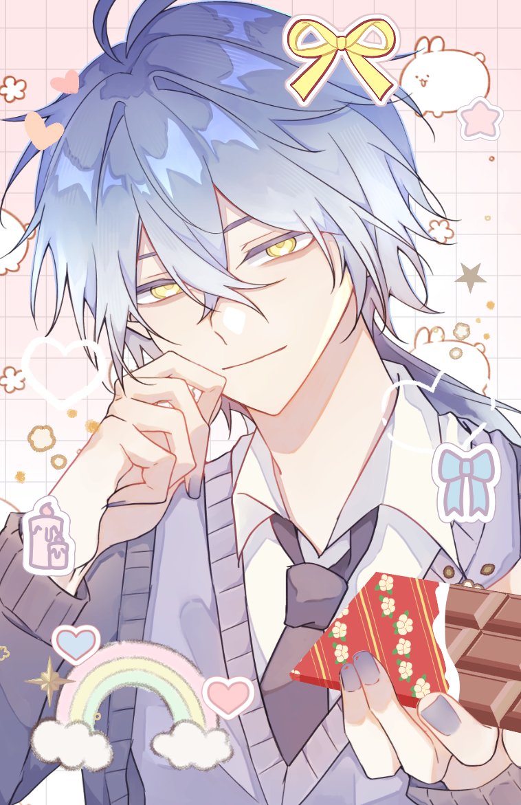 flins (genshin impact), genshin impact, commentary, symbol-only commentary, 1boy, alternate costume, black jacket, black necktie, blue hair, cardigan, chocolate, closed mouth, food, gradient hair, grey vest, holding, holding food, jacket, male focus, multicolored hair, necktie, shirt, short hair, solo, vest, white shirt, yasu san21, yellow eyes