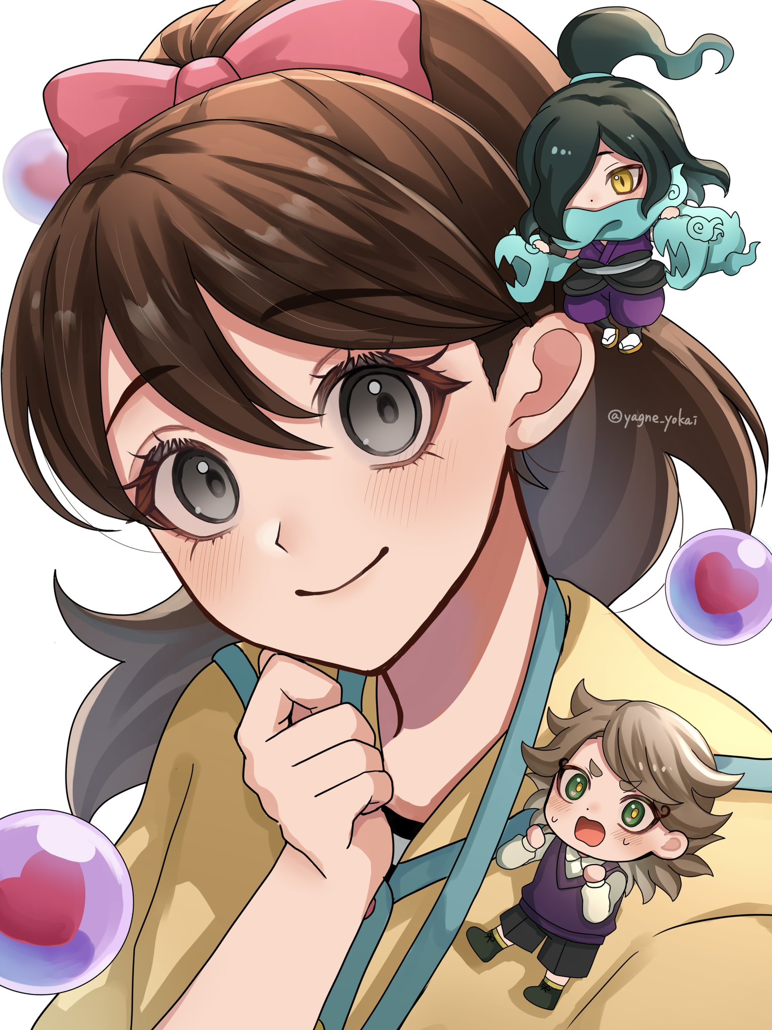 kodama fumika, orochi (youkai watch), youkai watch, commentary request, highres, 1girl, 2boys, aqua hair, artist name, black shorts, blush, bow, brown eyes, brown hair, green eyes, grey eyes, hair bow, hair over one eye, long hair, looking at viewer, multiple boys, open mouth, pink bow, ponytail, purple vest, short hair, shorts, solo focus, sweat, vest, yagne yokai, youkai (youkai watch)