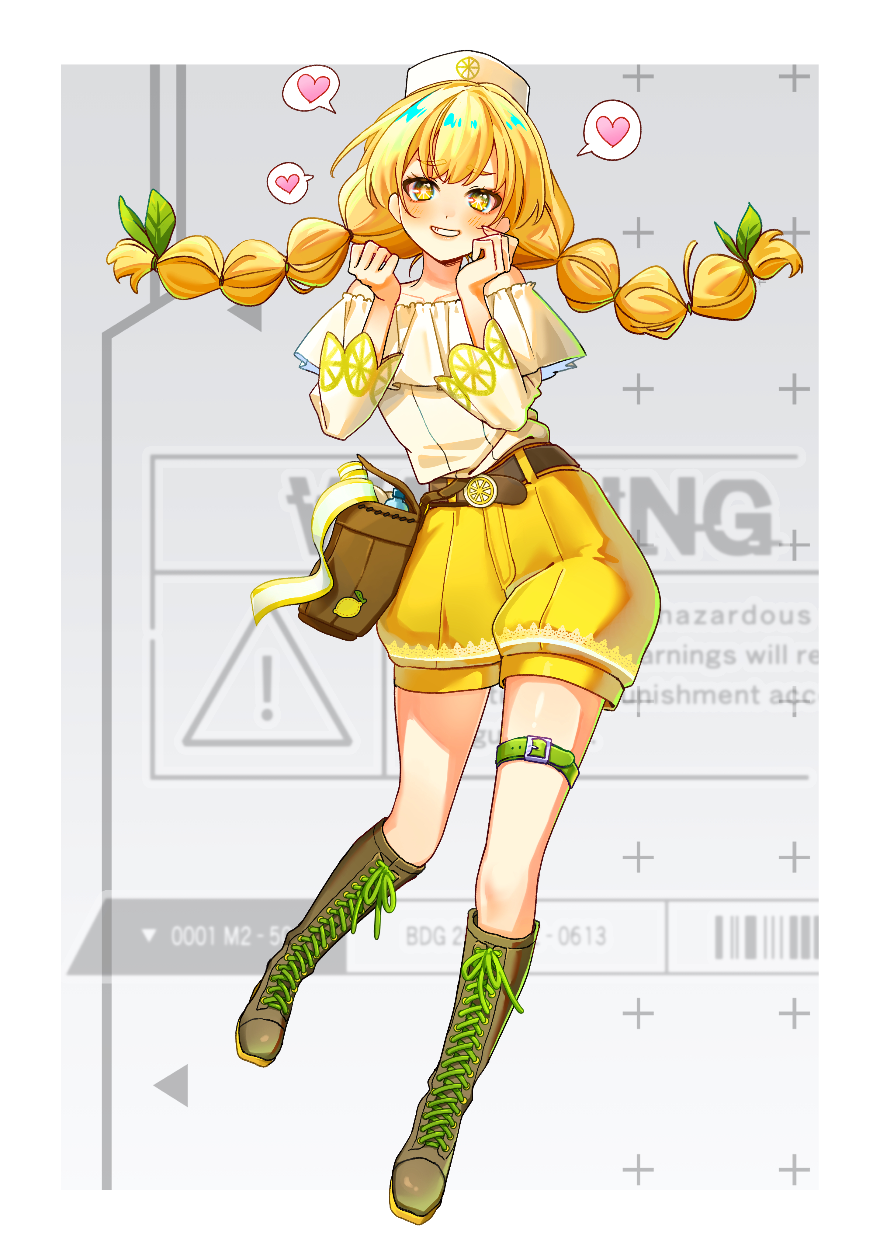 pclarbear, original, absurdres, commentary, english commentary, highres, 1girl, bag, belt, blonde hair, blush, boots, border, brown belt, brown boots, clenched hands, green belt, hair between eyes, hair ornament, hat, heart, knee boots, leaf hair ornament, long hair, long sleeves, multi-tied hair, off-shoulder shirt, off shoulder, shirt, shirt tucked in, shoelaces, shorts, smile, solo, speech bubble, spoken heart, standing, standing on one leg, thigh belt, thigh strap, twintails, white border, white hat, white shirt, yellow eyes, yellow shorts