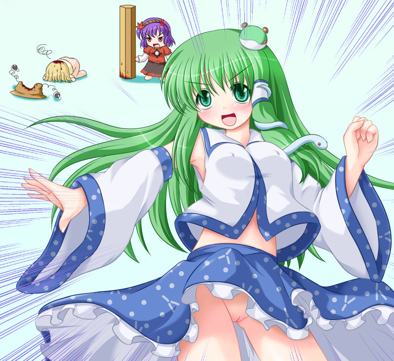 riku (rikkuru), kochiya sanae, moriya suwako, yasaka kanako, touhou, 3girls, ass, blood, blush, bottomless, breasts, cleft of venus, clothes lift, covered erect nipples, female focus, frog, green eyes, green hair, long hair, multiple girls, no panties, onbashira, pussy, skirt, skirt lift, snake, uncensored