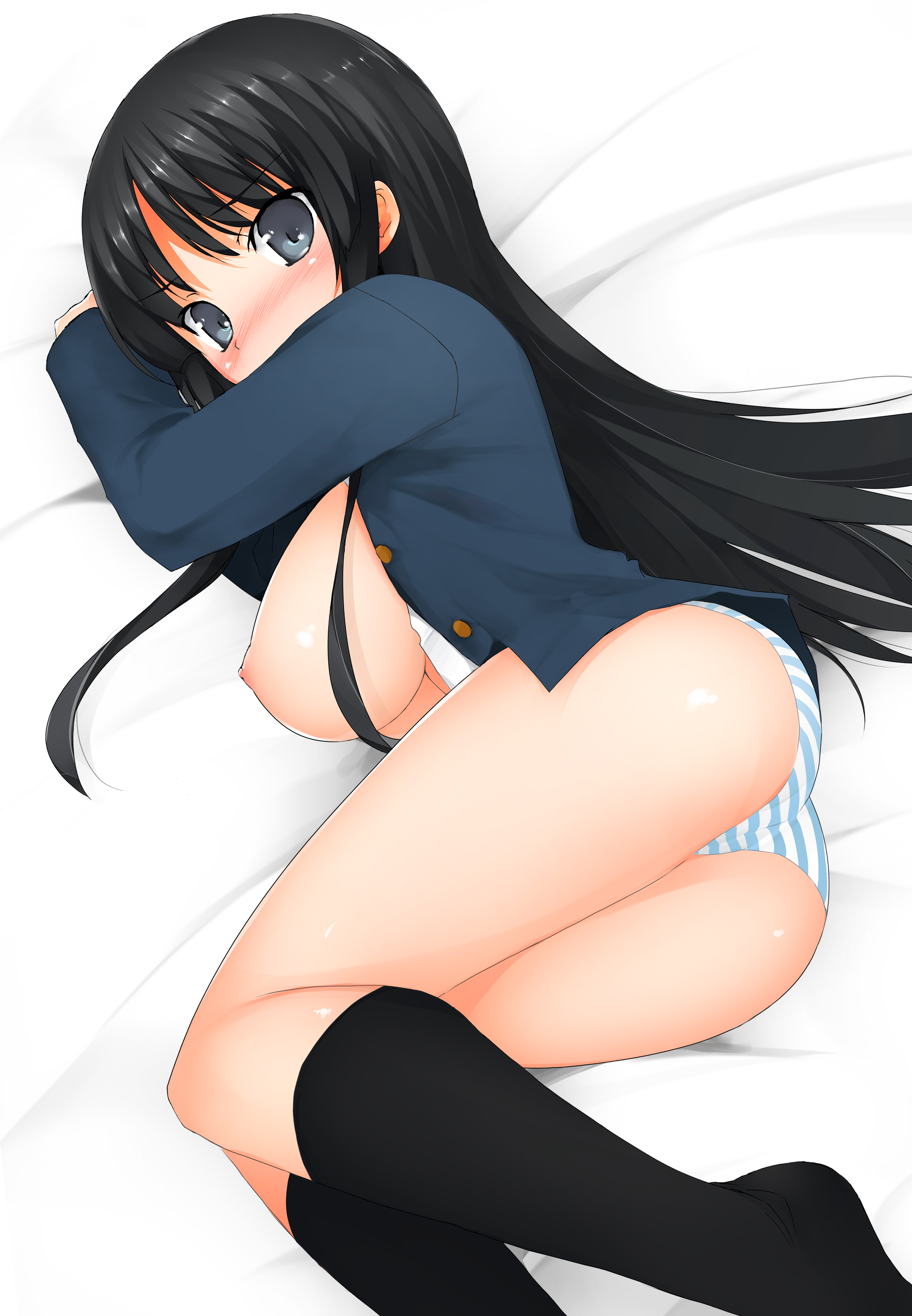 petitmagic, akiyama mio, k-on!, absurdres, bad id, bad pixiv id, highres, 00s, 1girl, black hair, blush, breasts, female focus, huge breasts, long hair, lying, nipples, on side, panties, solo, striped clothes, striped panties, underwear