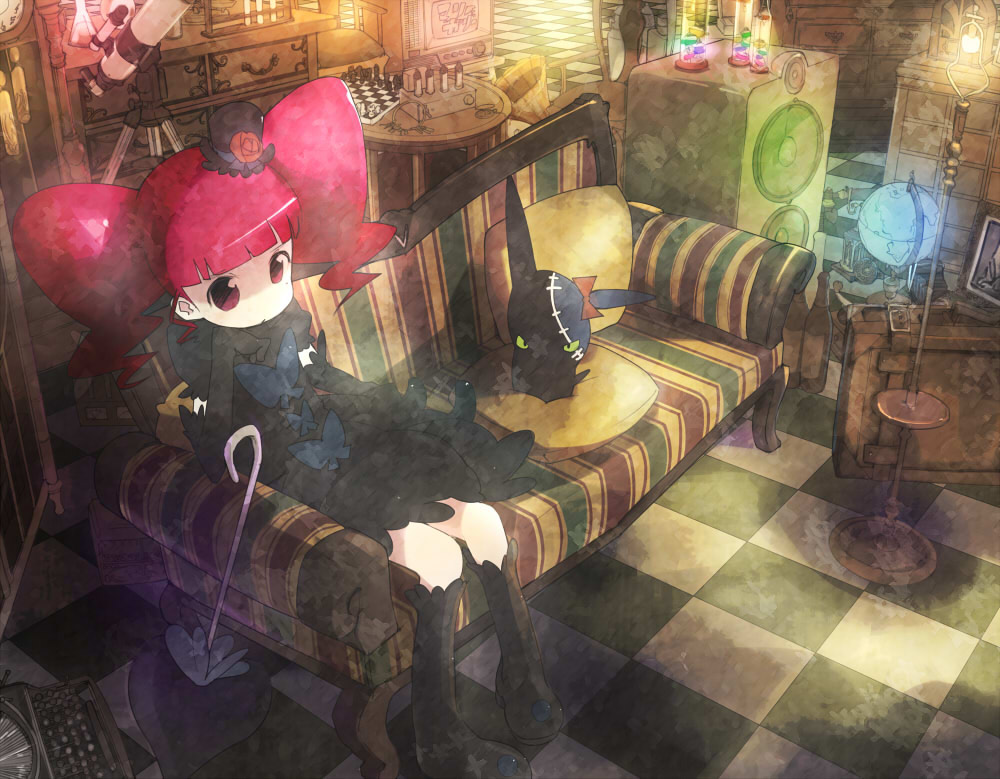 harepore, marika (marie & gali), pet (marie & gali), marie & gali, 00s, 1girl, arm support, board game, boots, checkered floor, chess, couch, female focus, floor, globe, hat, long hair, mini hat, mini top hat, perspective, pink eyes, pink hair, solo, speaker, telescope, top hat, twintails, typewriter