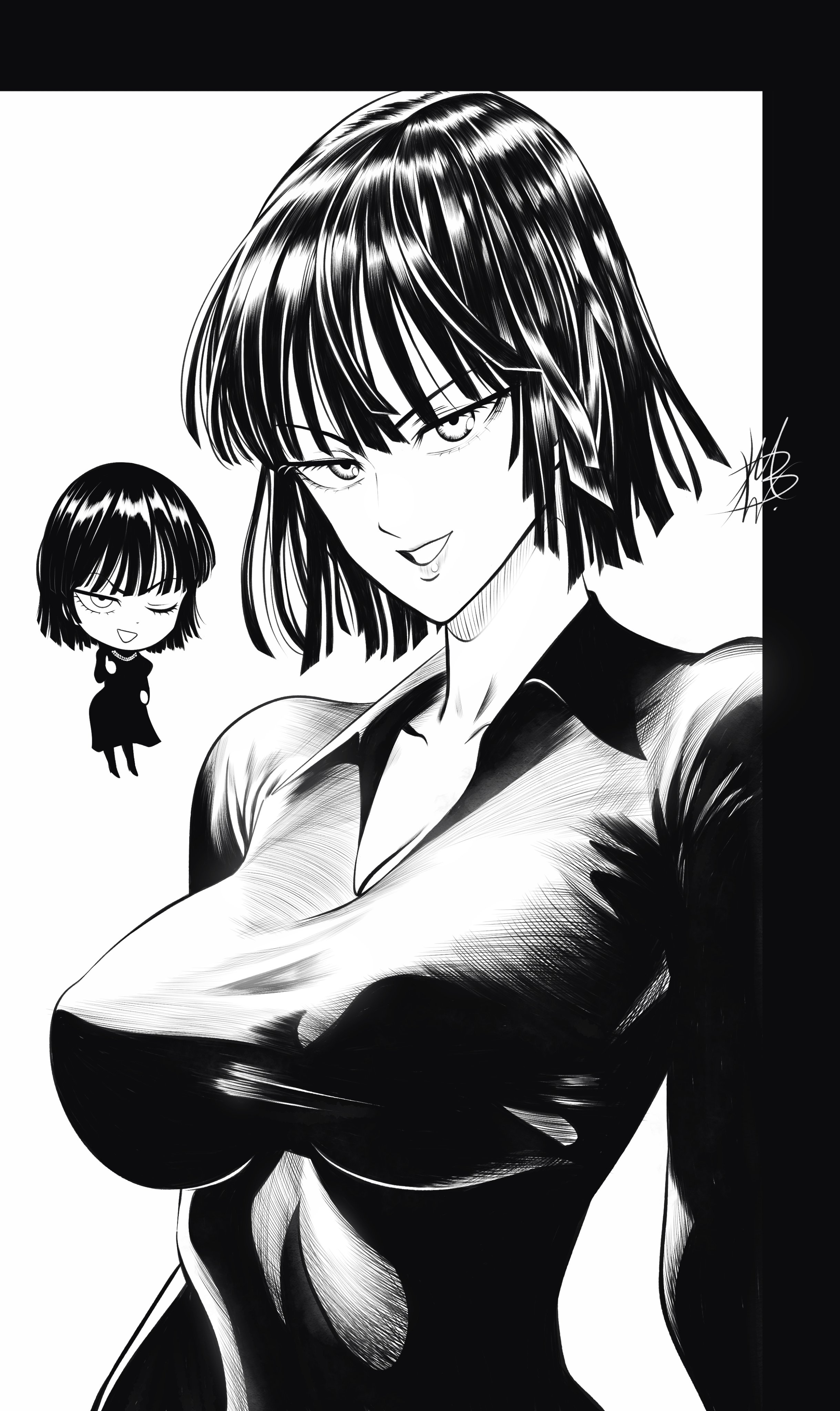 mostlybluewyatt, fubuki (one-punch man), one-punch man, 1girl, breasts, large breasts, smile, solo